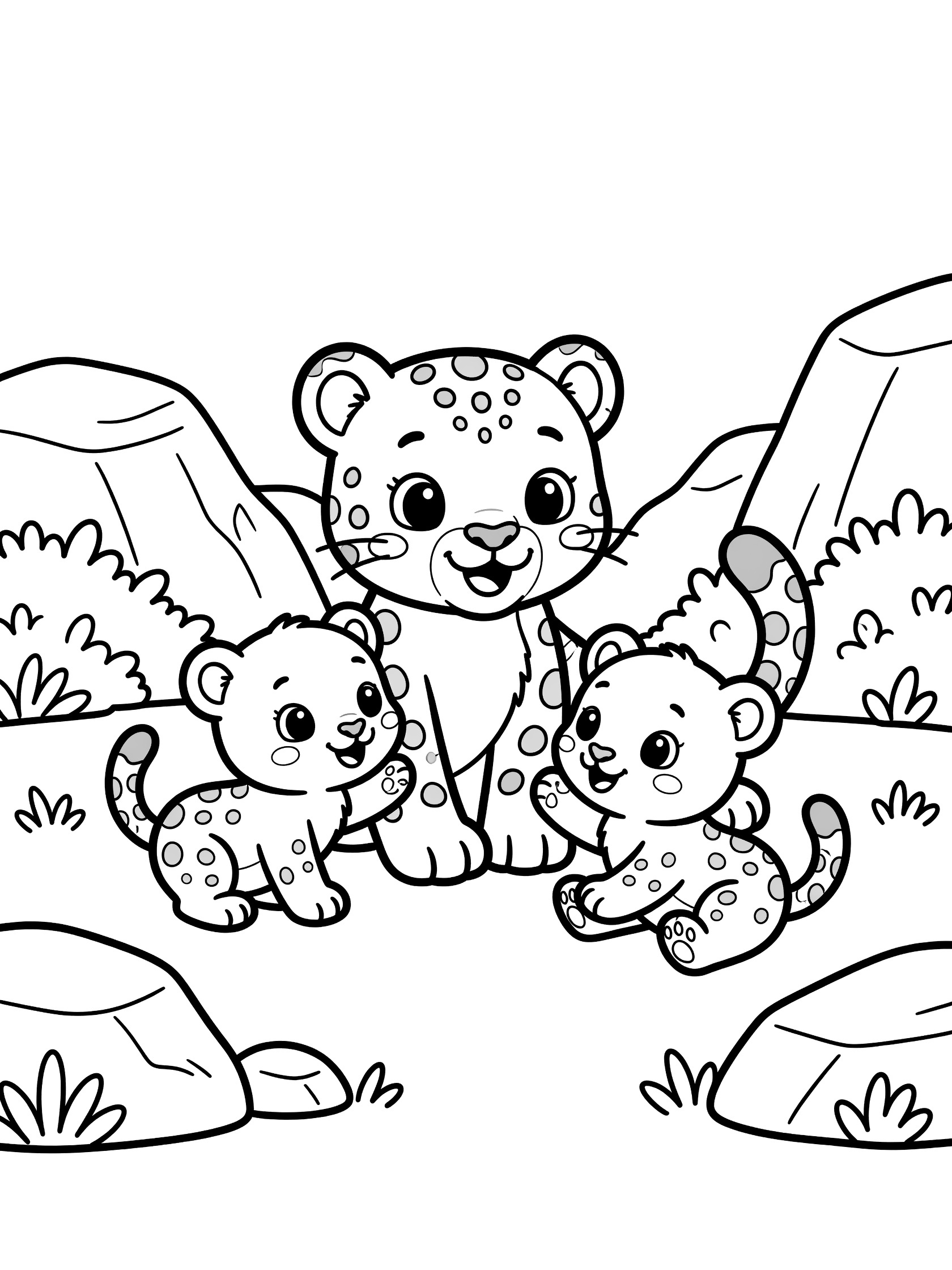 Black and white line art coloring page showing a snow leopard mother with two cubs sitting and playing among rocks and bushes