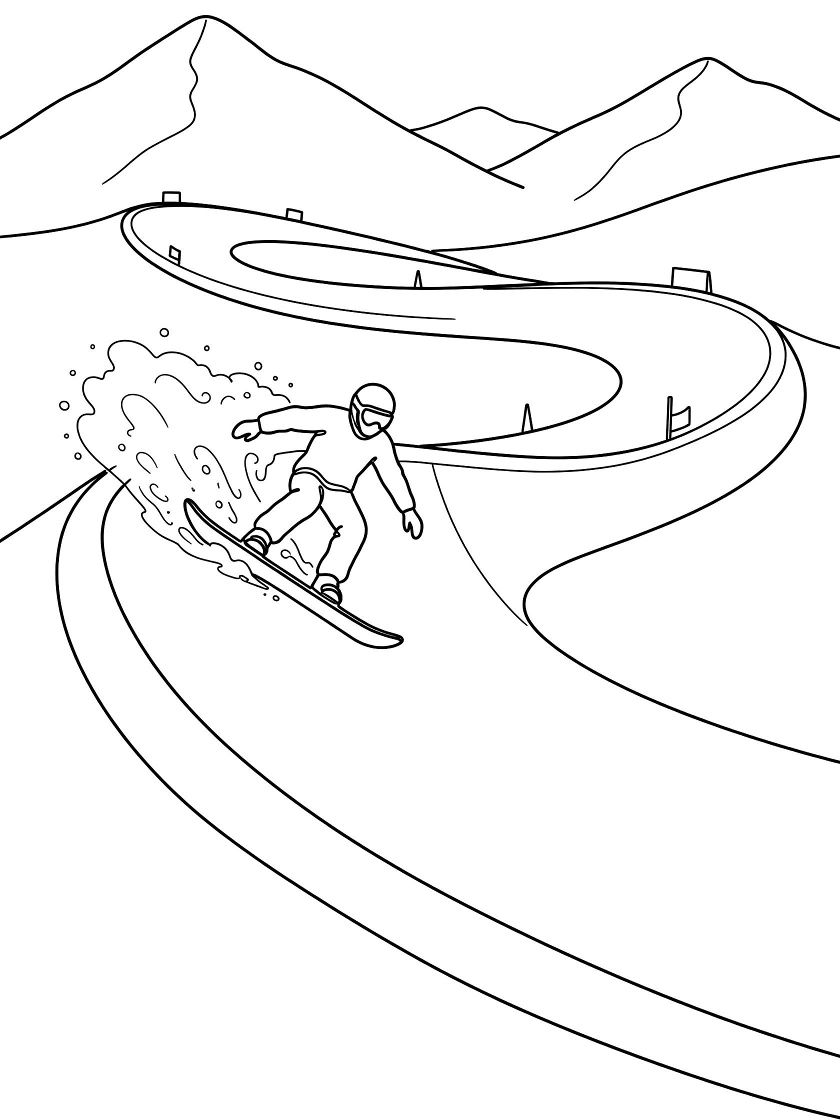 Black and white line art of snowboarder in Snowboard Cross racing through a curved snow berm, spraying snow, with distant peaks and race markers.