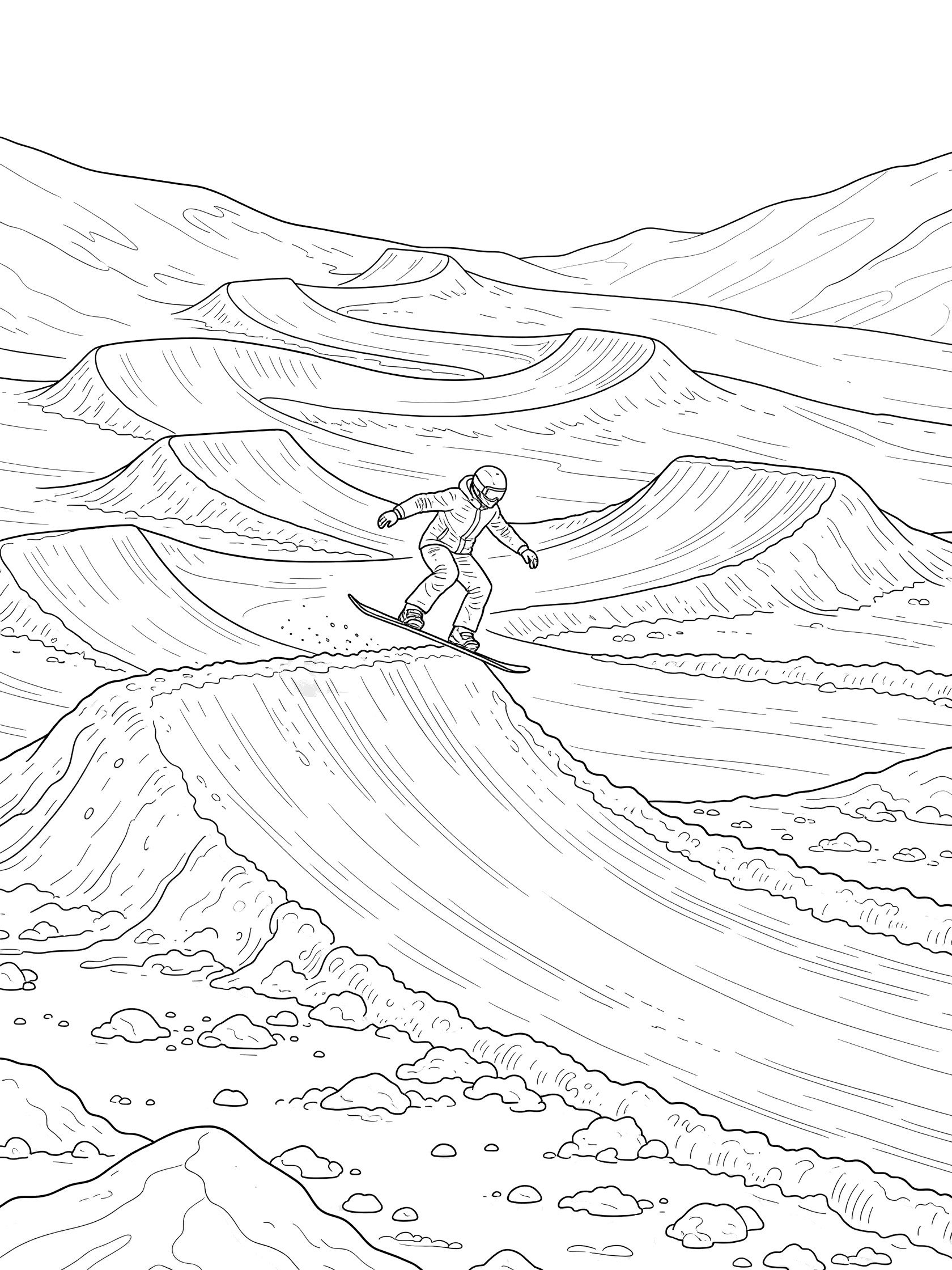 Black and white coloring page of a snowboarder twisting in air over the second jump in Snowboard Cross on a snowy track with bumps and turns.