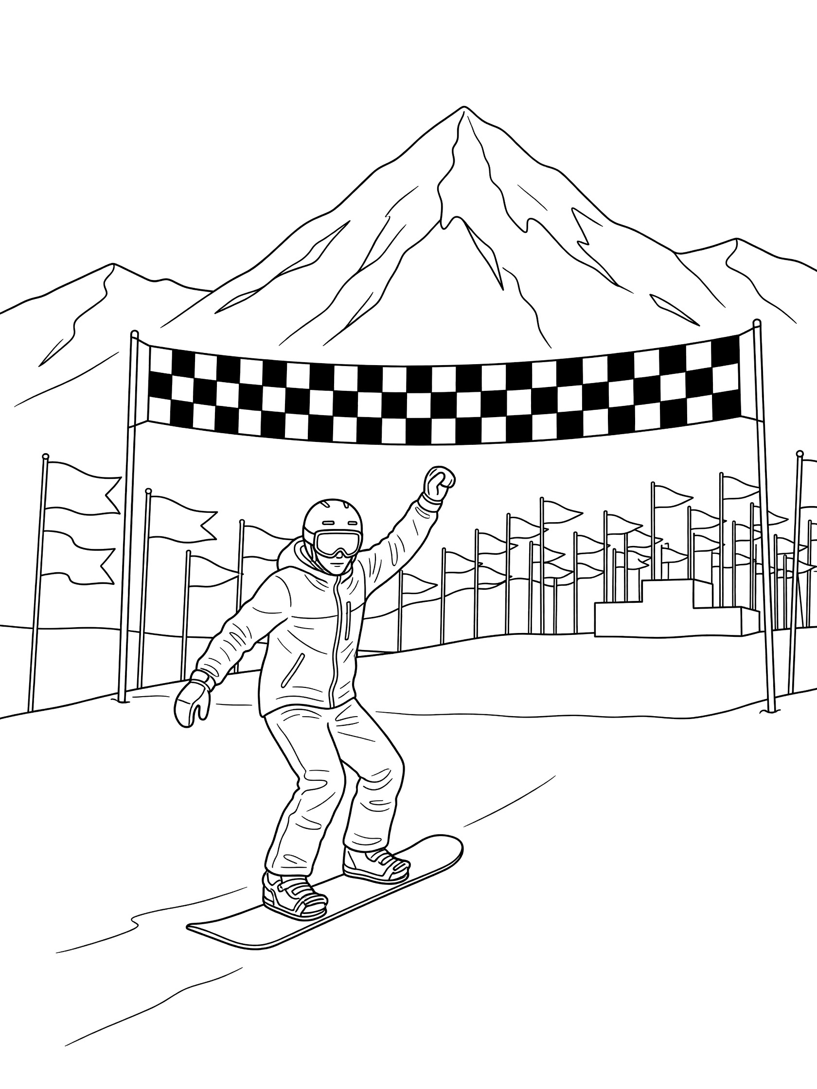 Black and white line art of a snowboarder charging toward checkered finish line in Snowboard Cross, with flags and mountain in background
