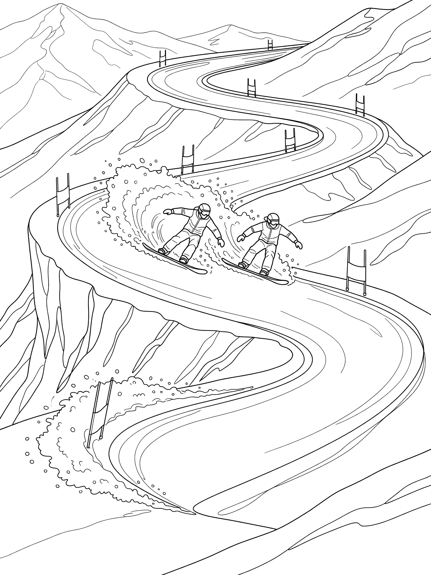 Black-and-white coloring page of Snowboard Cross with two racers side-by-side on a twisting snowy path, one passing with snow spray, buoys, and steep drop-off.