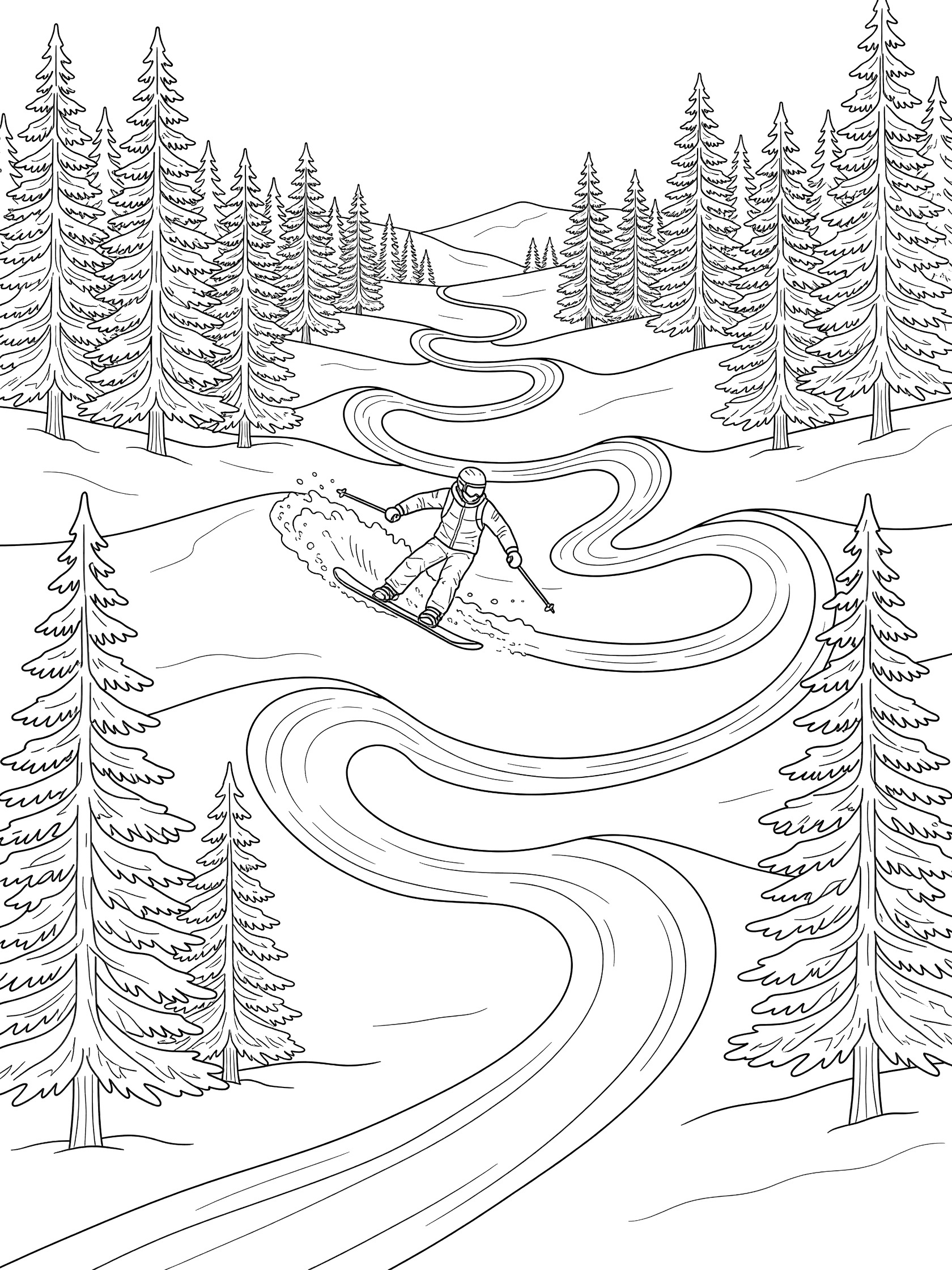 Line art coloring page showing a snowboarder carving turns on a wavy snowboard cross track surrounded by pine trees in a snowy valley