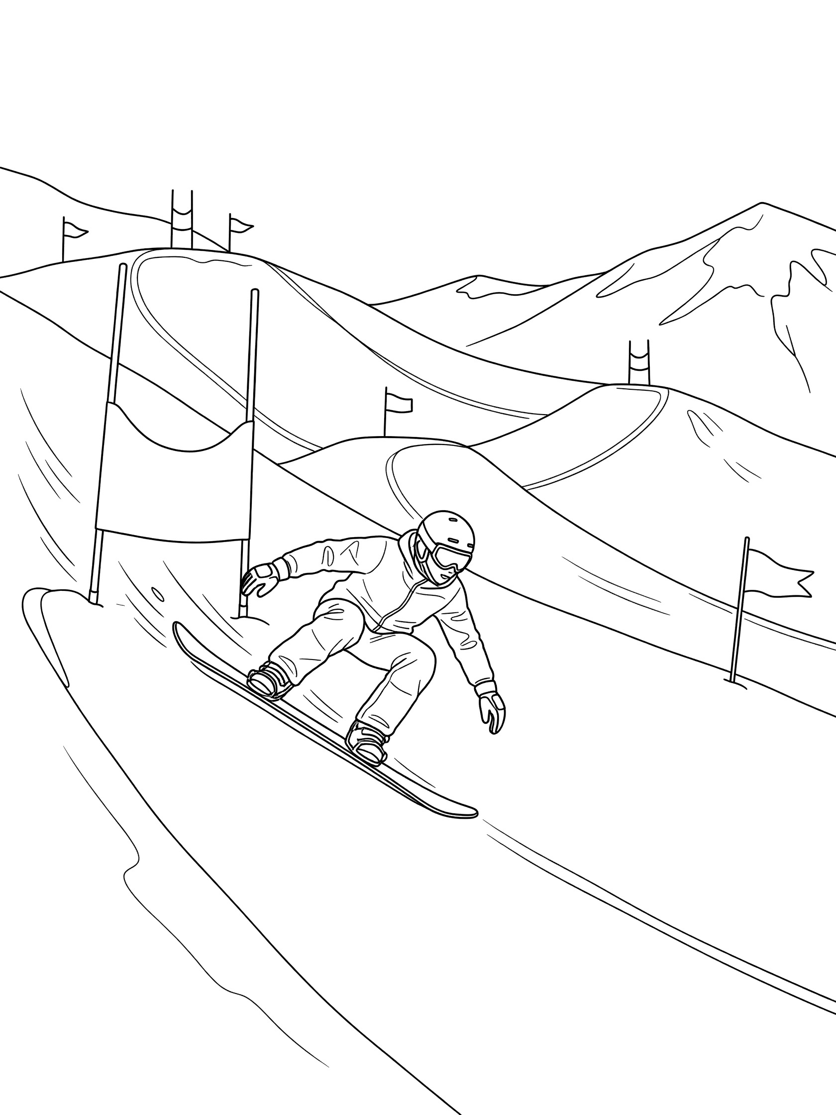 Black and white coloring page of a snowboarder in a low crouch at the snowboard cross starting gate on a snowy mountain slope with motion lines, flags, gates, and rolling course.