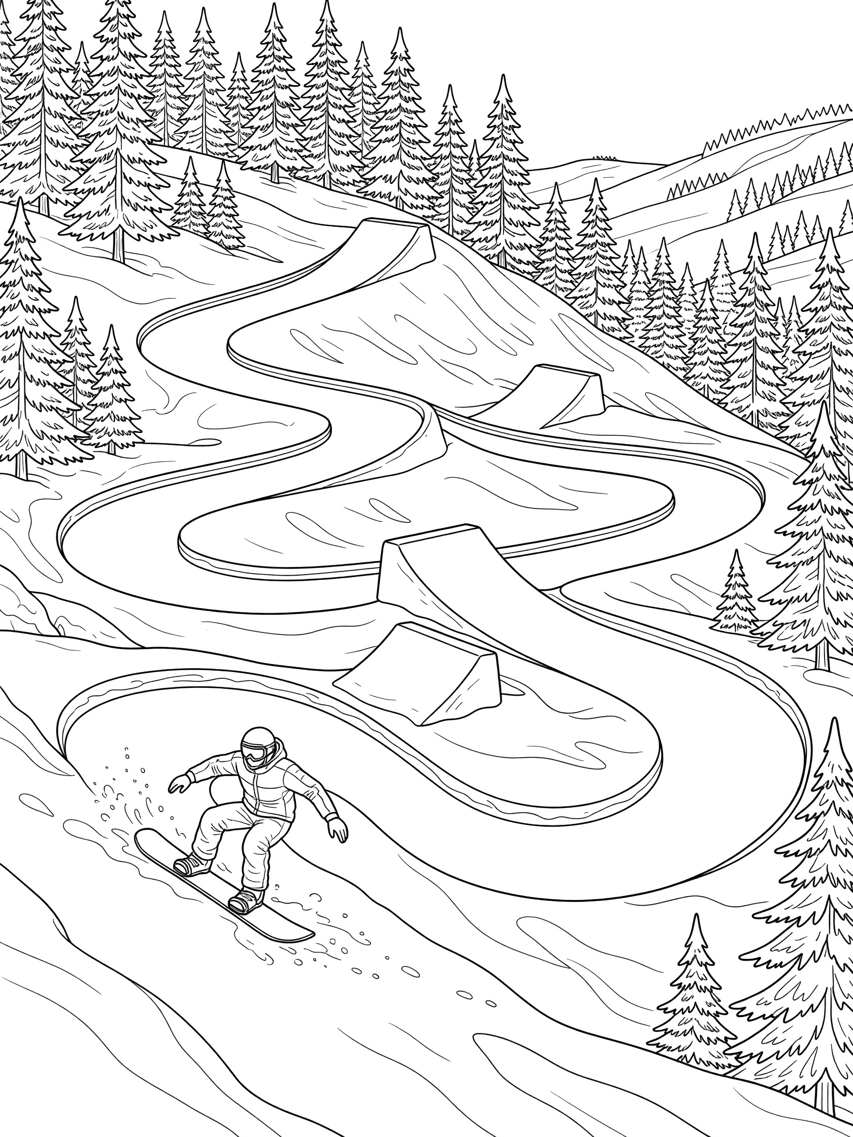 Black and white line art of a snowboarder in a helmet dropping sharply into a steep snowy incline on a snowboard cross course with ramps, turns, and pine trees.