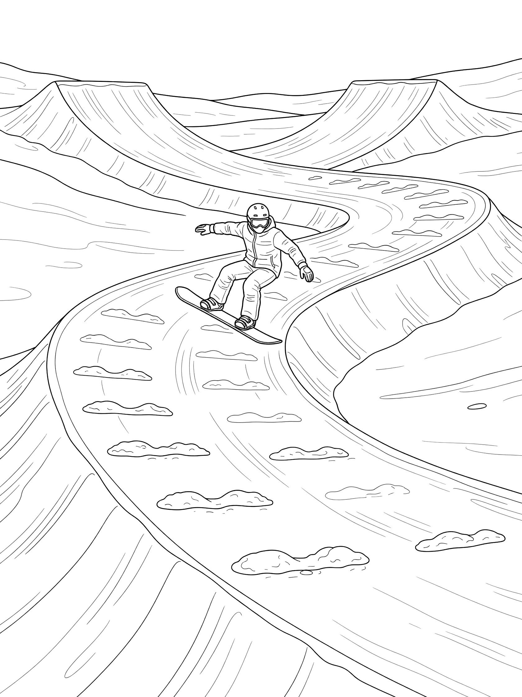 Snowboarder in action bouncing over small whoop bumps on a winding snowy track in snowboard cross, with distant ridges and jumps, line art coloring page