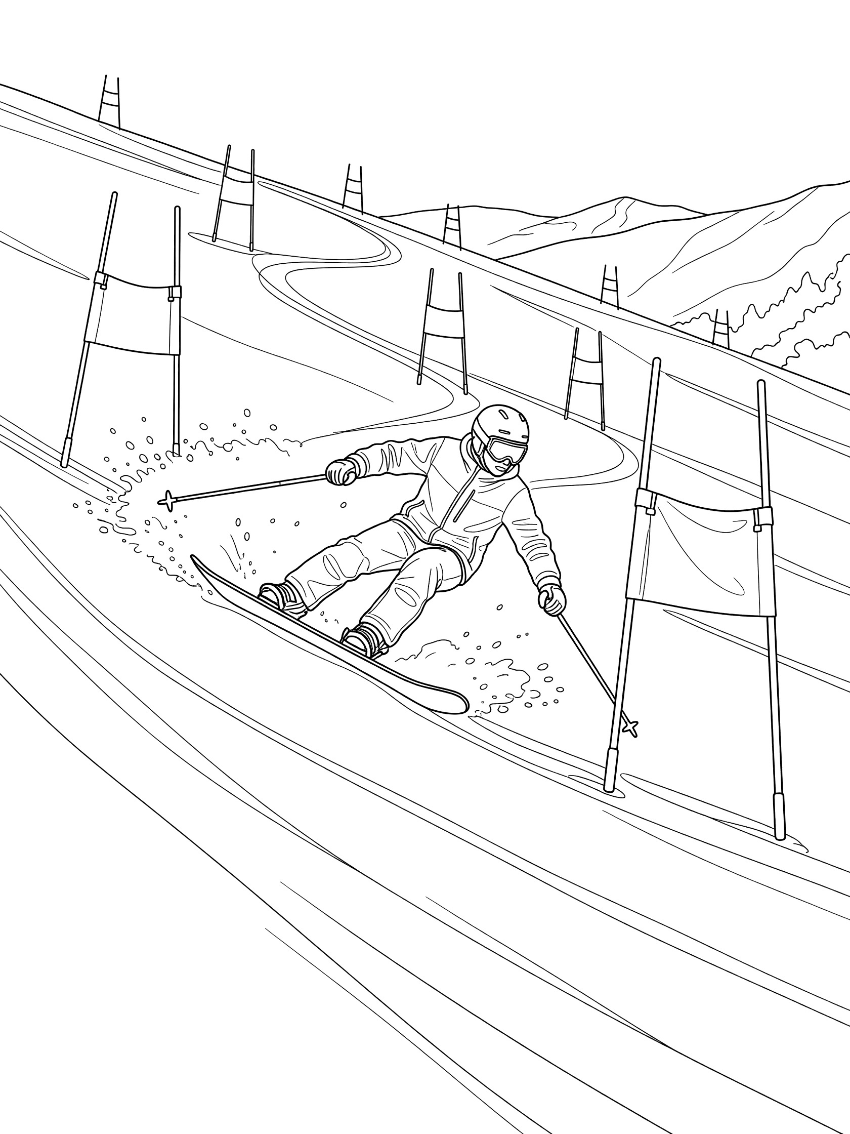 Black-and-white coloring page of a snowboarder leaning into a turn during a slalom race, weaving past gates down a groomed snowy hill with poles planted.