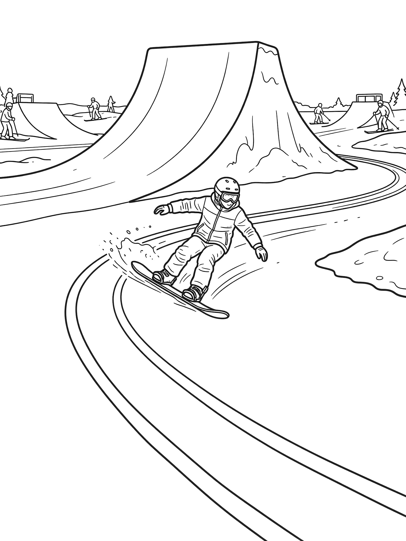 Black-and-white coloring page of a snowboarder speeding toward a towering big air kicker on a curved groomed run in a snowy park with trees and rails.