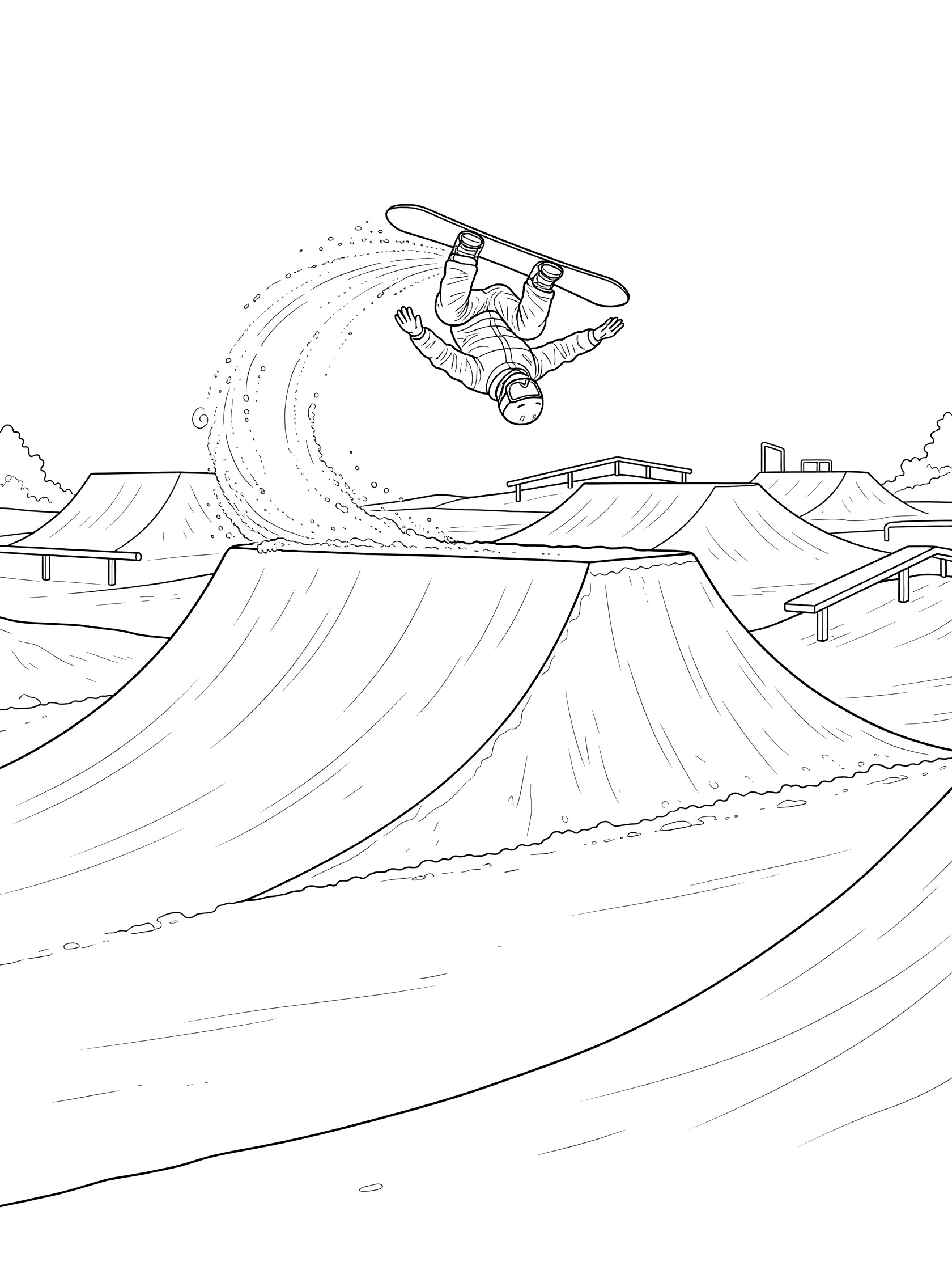 Black and white coloring page of a snowboarder in a backflip over a large kicker jump on a snowy slope with terrain park ramps.