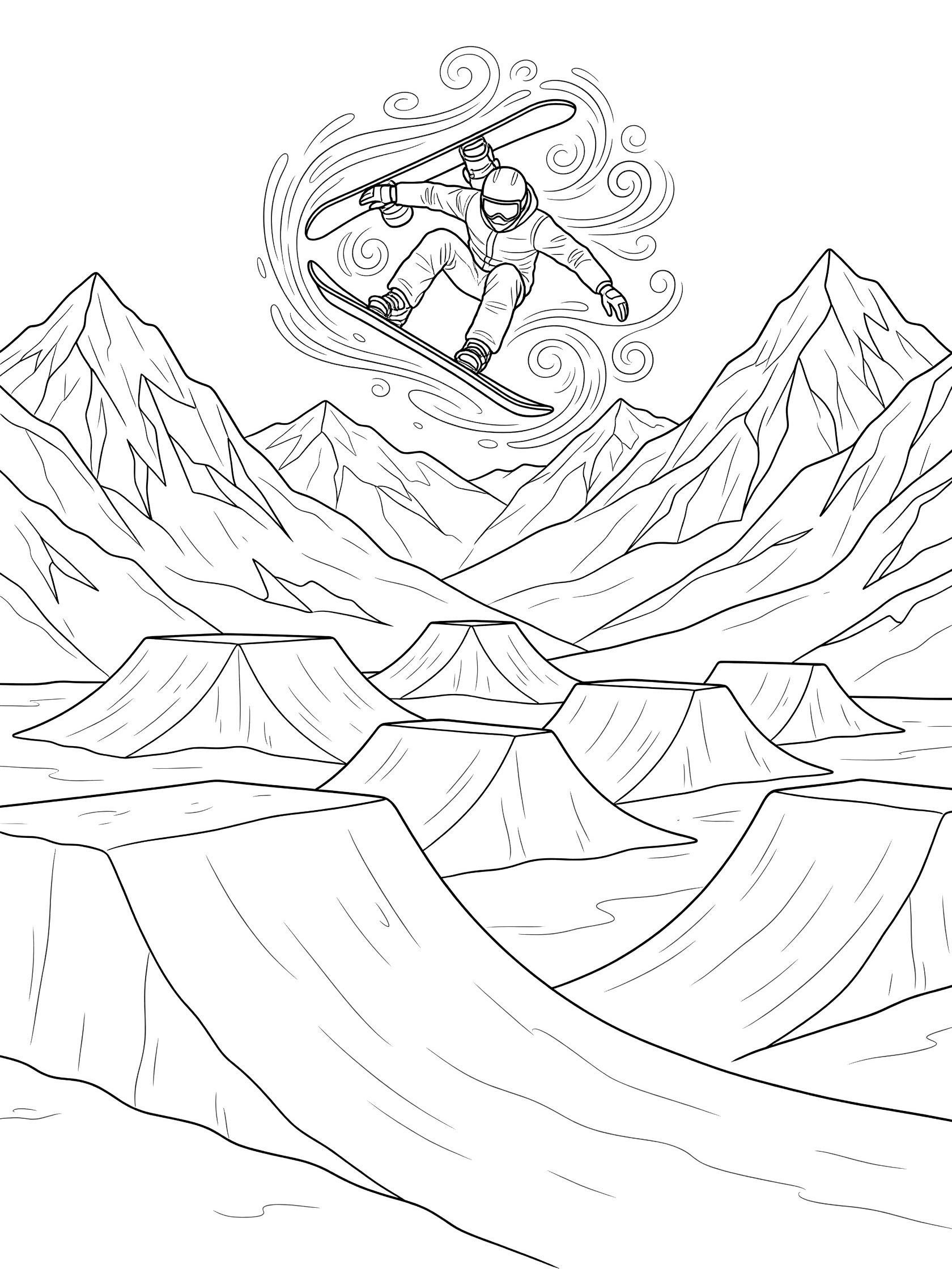 Black and white coloring page of a snowboarder in big air double cork twist spinning above snow jumps with swirling wind lines and mountains.
