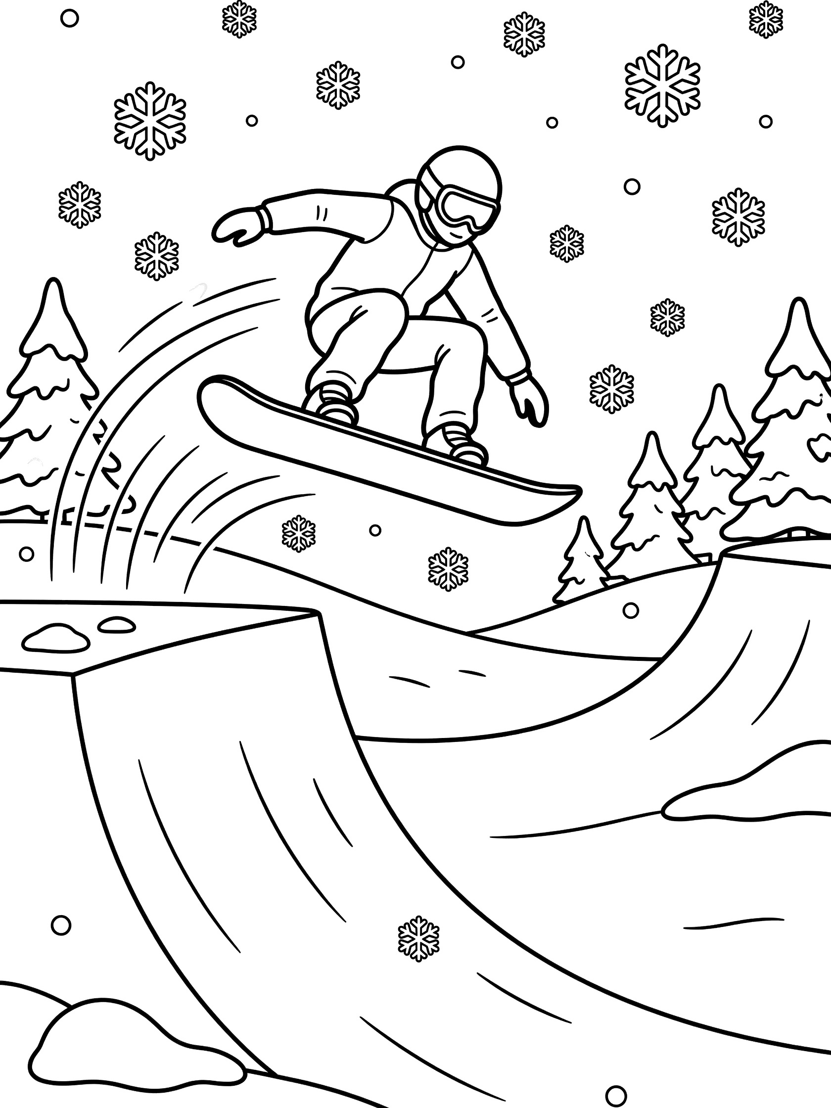 Black and white line art of a snowboarder doing a big air jump off a halfpipe, reaching for an indy grab on the snowboard heel edge with snowflakes and trees.