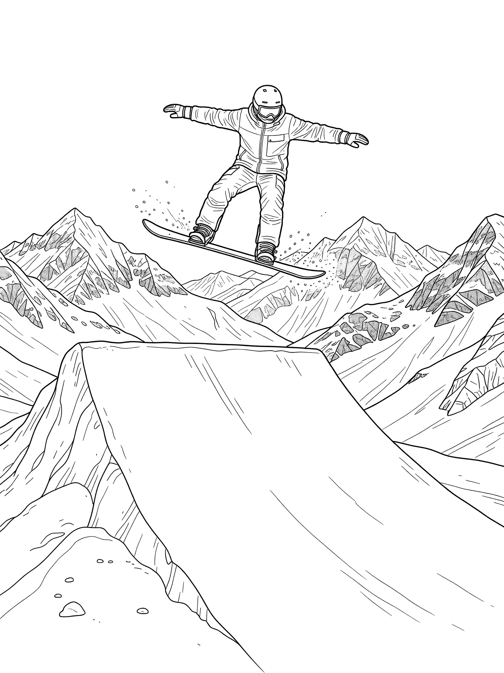 Black and white line art of a snowboarder in mid-air jumping a big air gap on a snowy slope with mountains in the background.