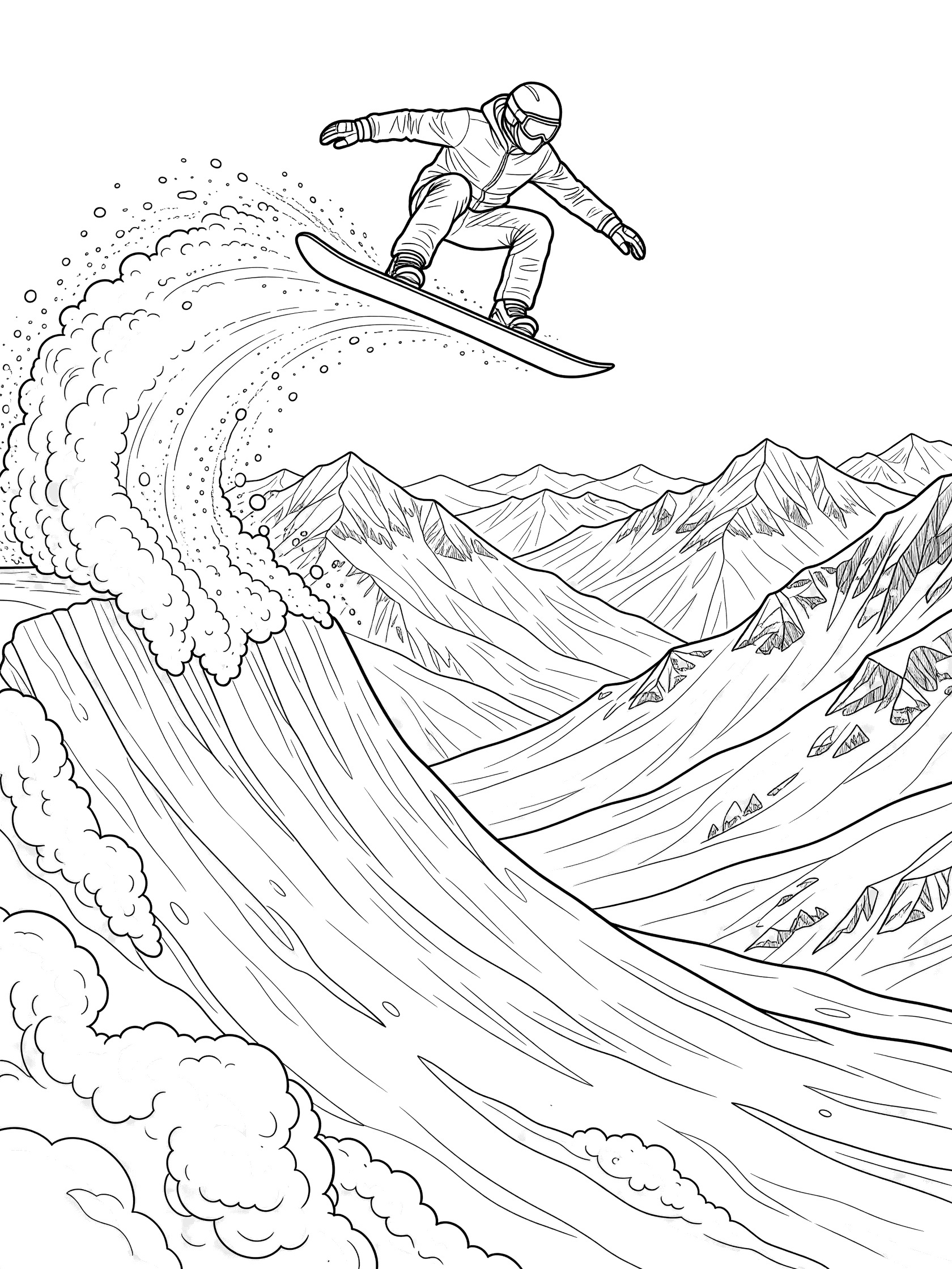 Black and white coloring page of a snowboarder in mid-air big air trick grabbing his snowboard with knees bent over snowy valley and mountains.