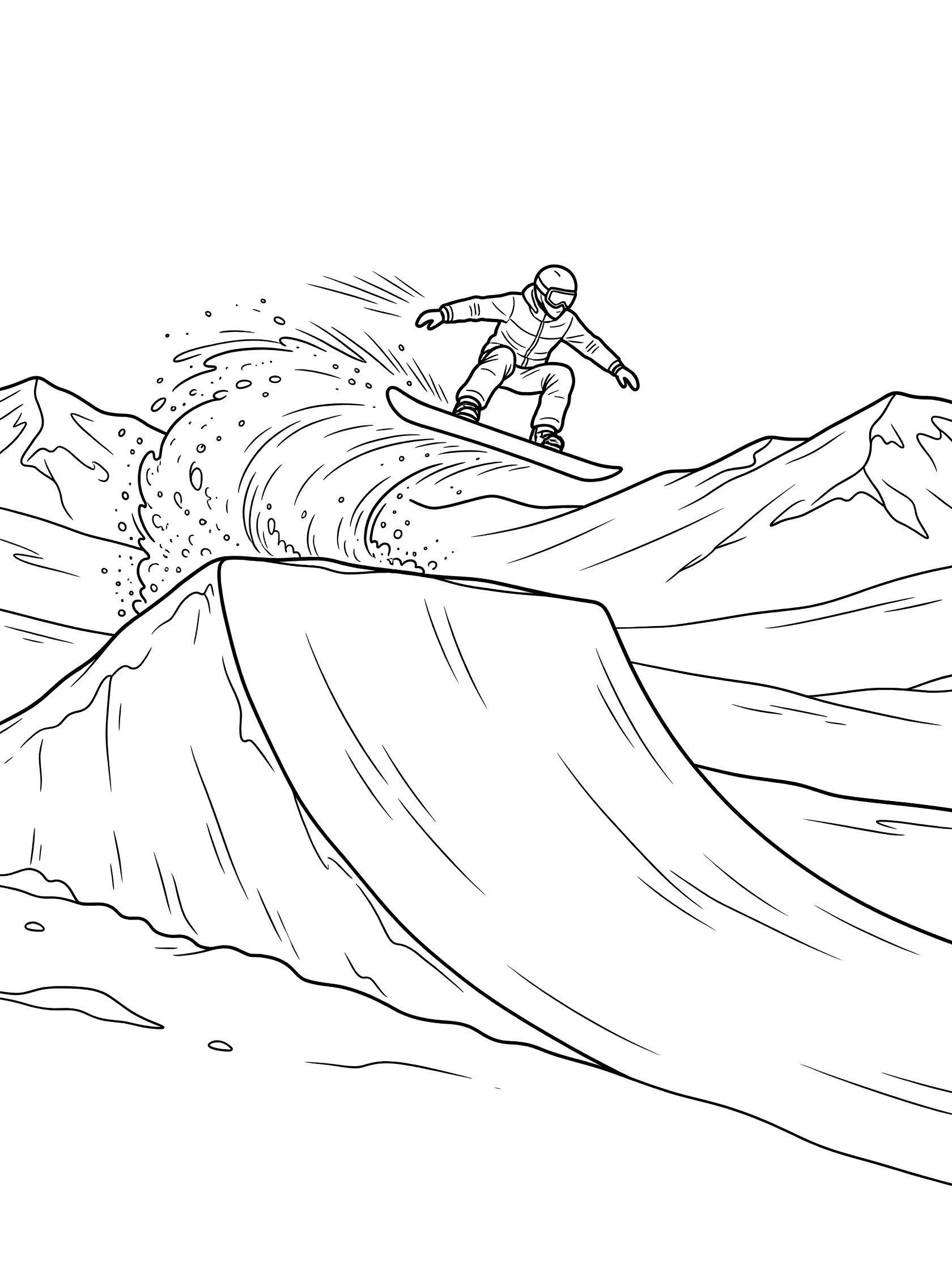 Black and white coloring page of a snowboarder in big air jumping high off a huge curved ramp, kicking up snow powder, with motion lines and mountain backdrop.