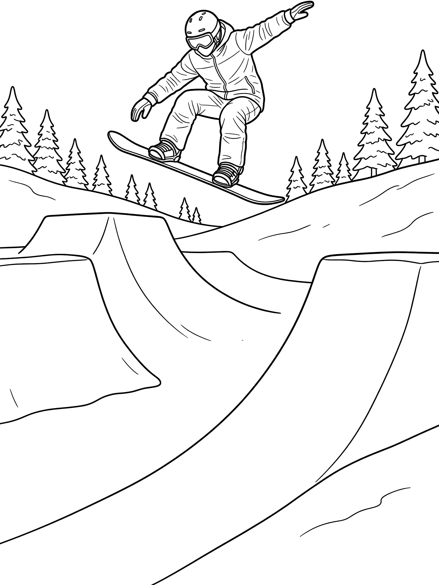 Line art coloring page showing snowboarder in goggles and jacket grabbing nose of snowboard soaring over big air gap with ramps, snowy hill, and distant pine trees.