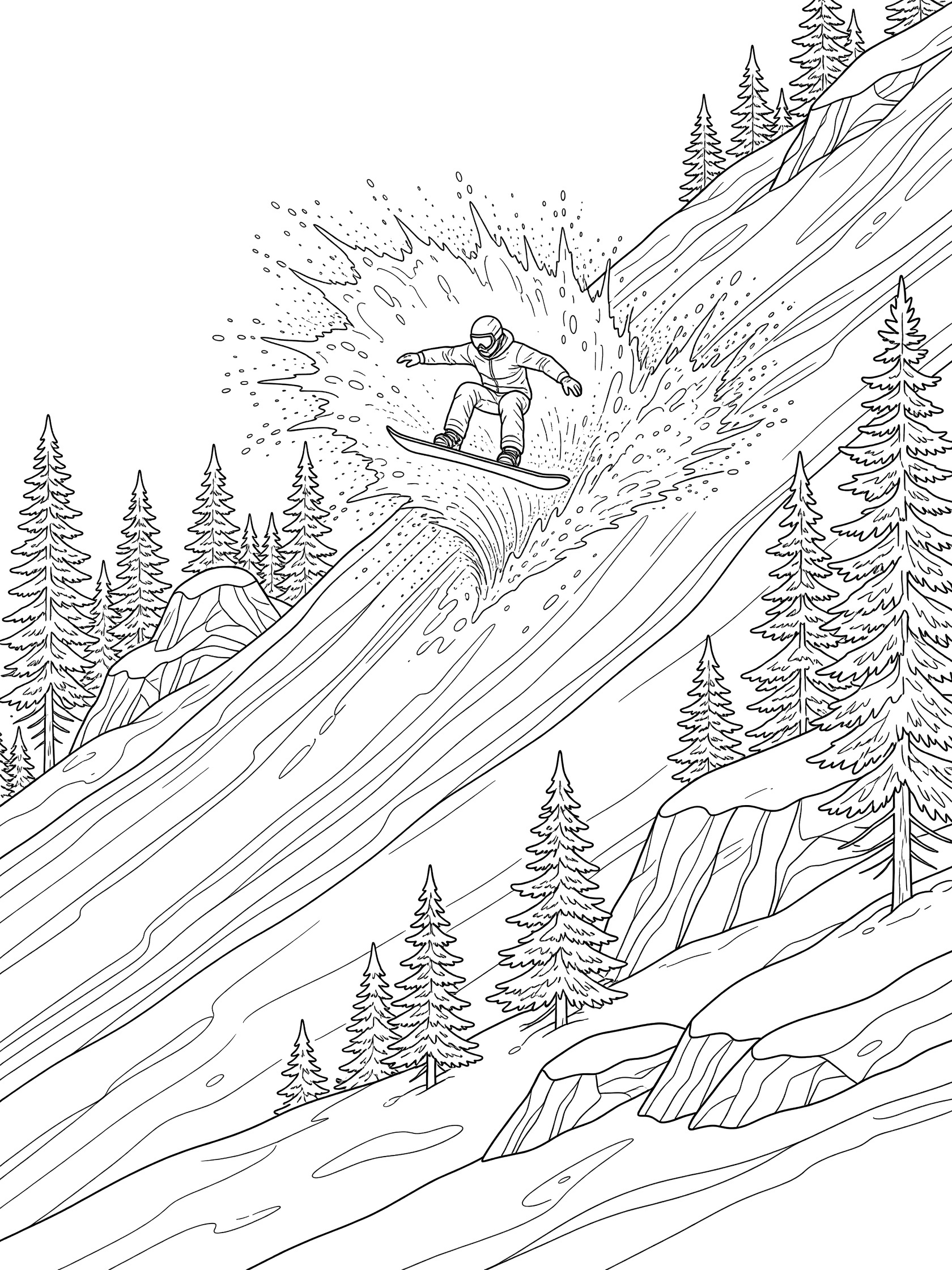 Black and white coloring page of a snowboarder landing a big air switch on a snowy slope with snow spray, evergreen trees, and jagged rocks.