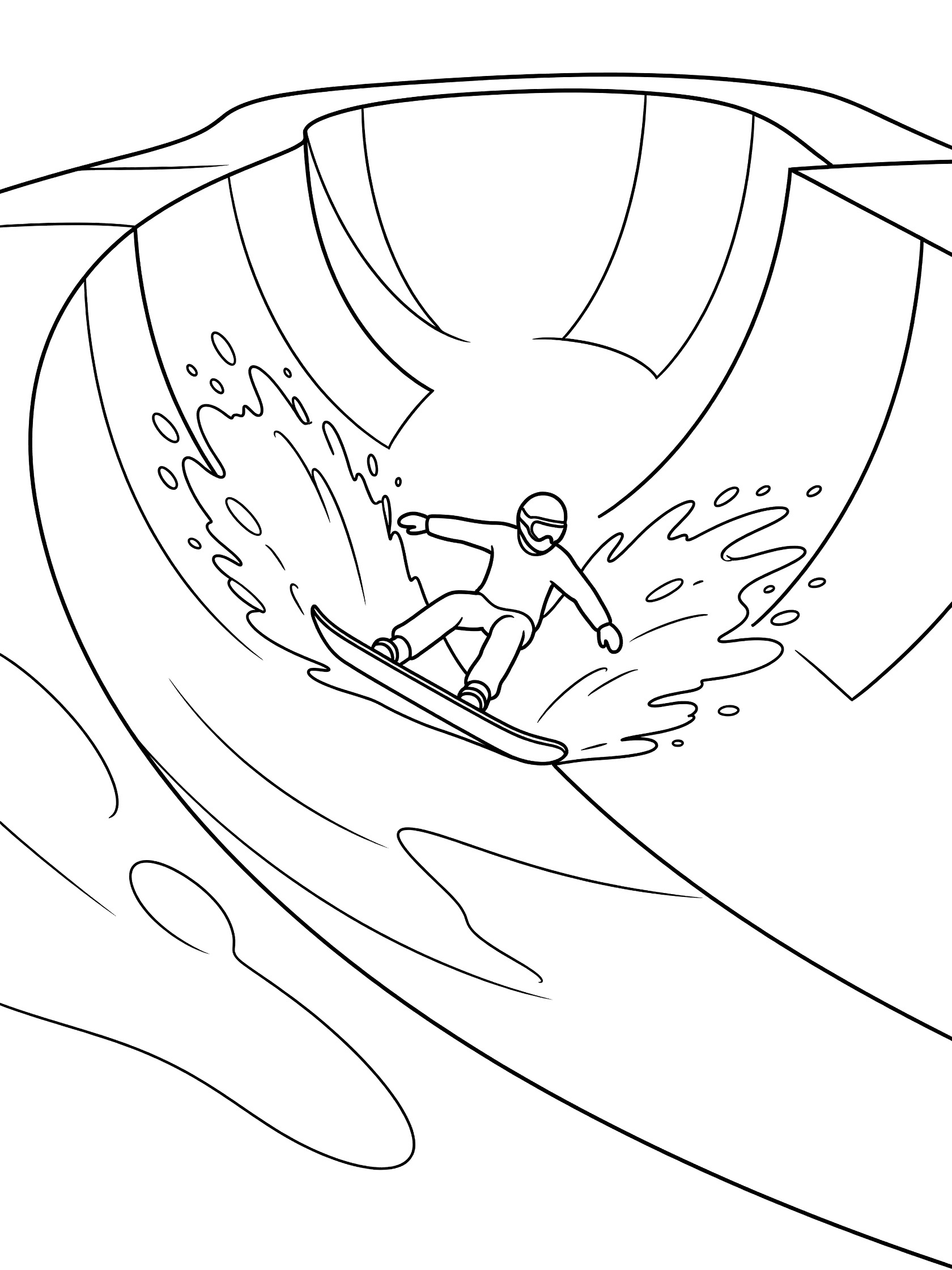Line art coloring page showing a snowboarder in goggles and jacket carving the bottom of a snowy halfpipe with snow sprays from the board edges.