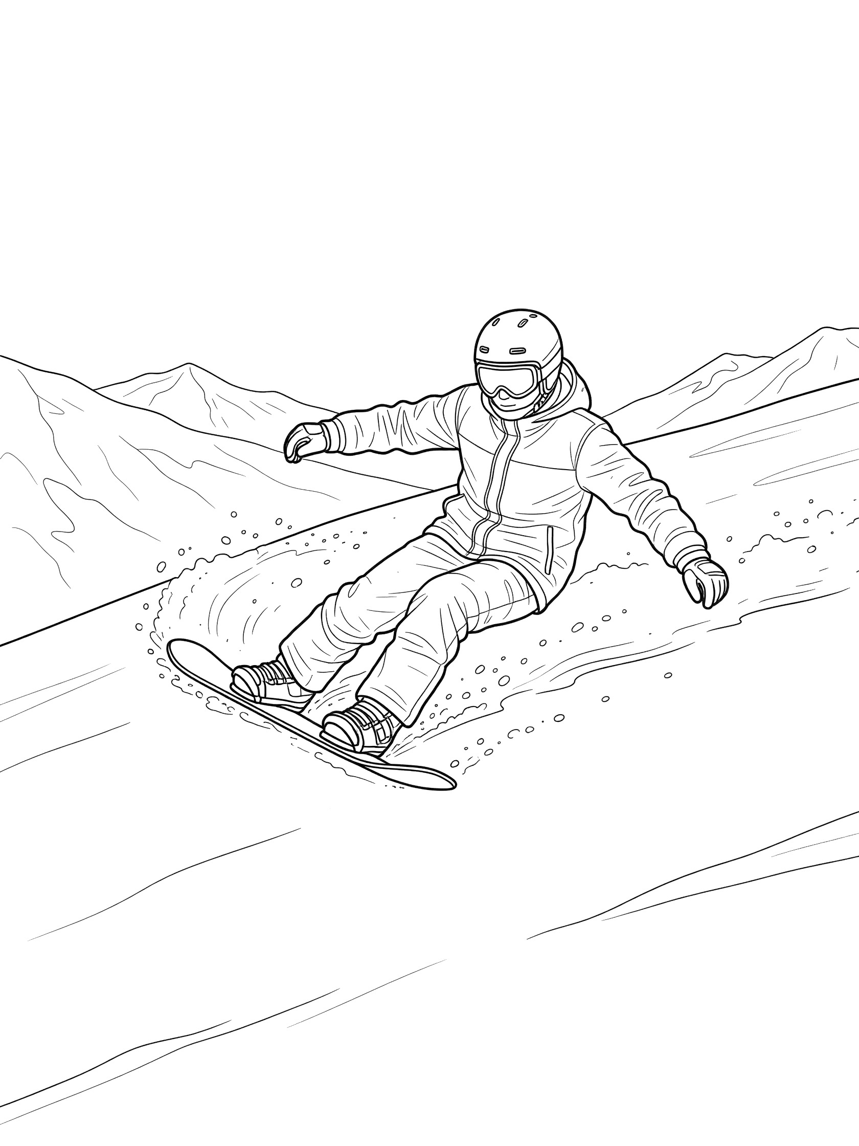Black and white line art coloring page showing a snowboarder carving sharp turns on a snowy slope, wearing helmet and gear, with snow spray behind the board.