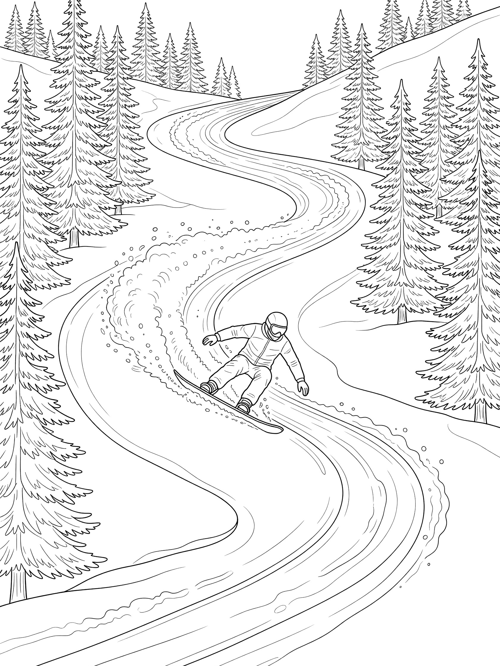 Black-and-white coloring page of a snowboarder in helmet and gear carving turns down a winding snowy path with snow spray, pine trees on both sides, and clean lines.