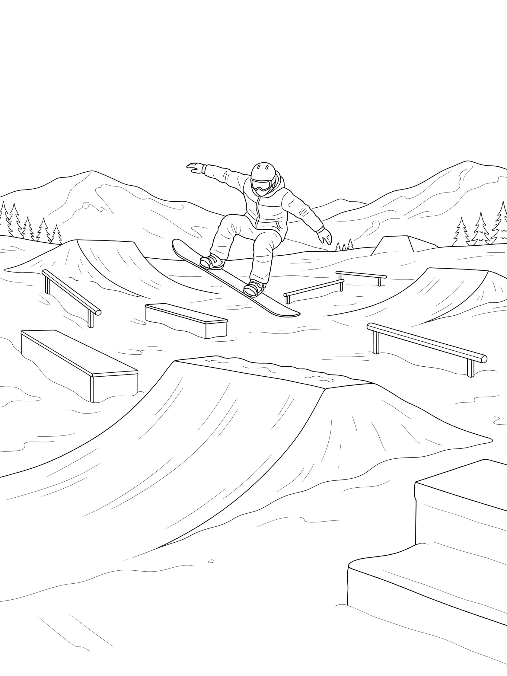 Black and white coloring page of a snowboarder in slopestyle doing a 360 spin airborne with ramps, rails, mountains, and trees in the background.