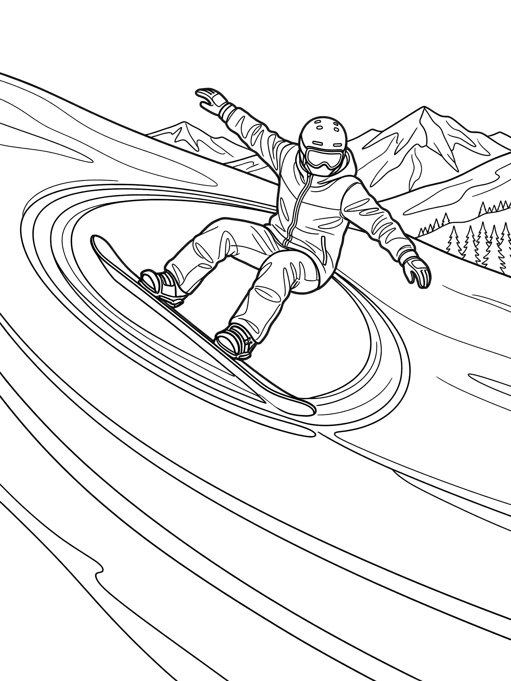 Black-and-white coloring page of a snowboarder in a frontside 180 spin on a sunny piste with fresh tracks, mountains, trees, and pure white background.