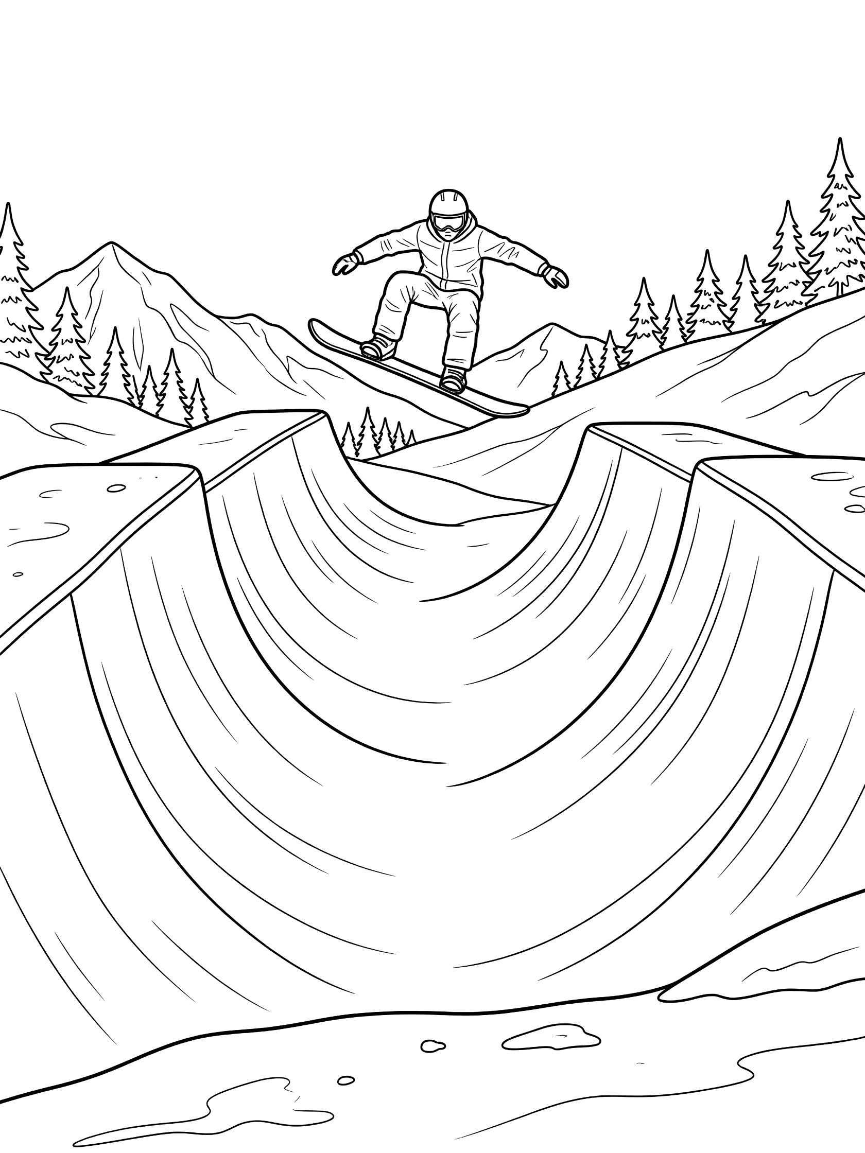 Black-and-white coloring page of a snowboarder in a helmet and jacket performing a straight-air trick high in a curved halfpipe, grabbing the snowboard tail, with snowy hills and pine trees.