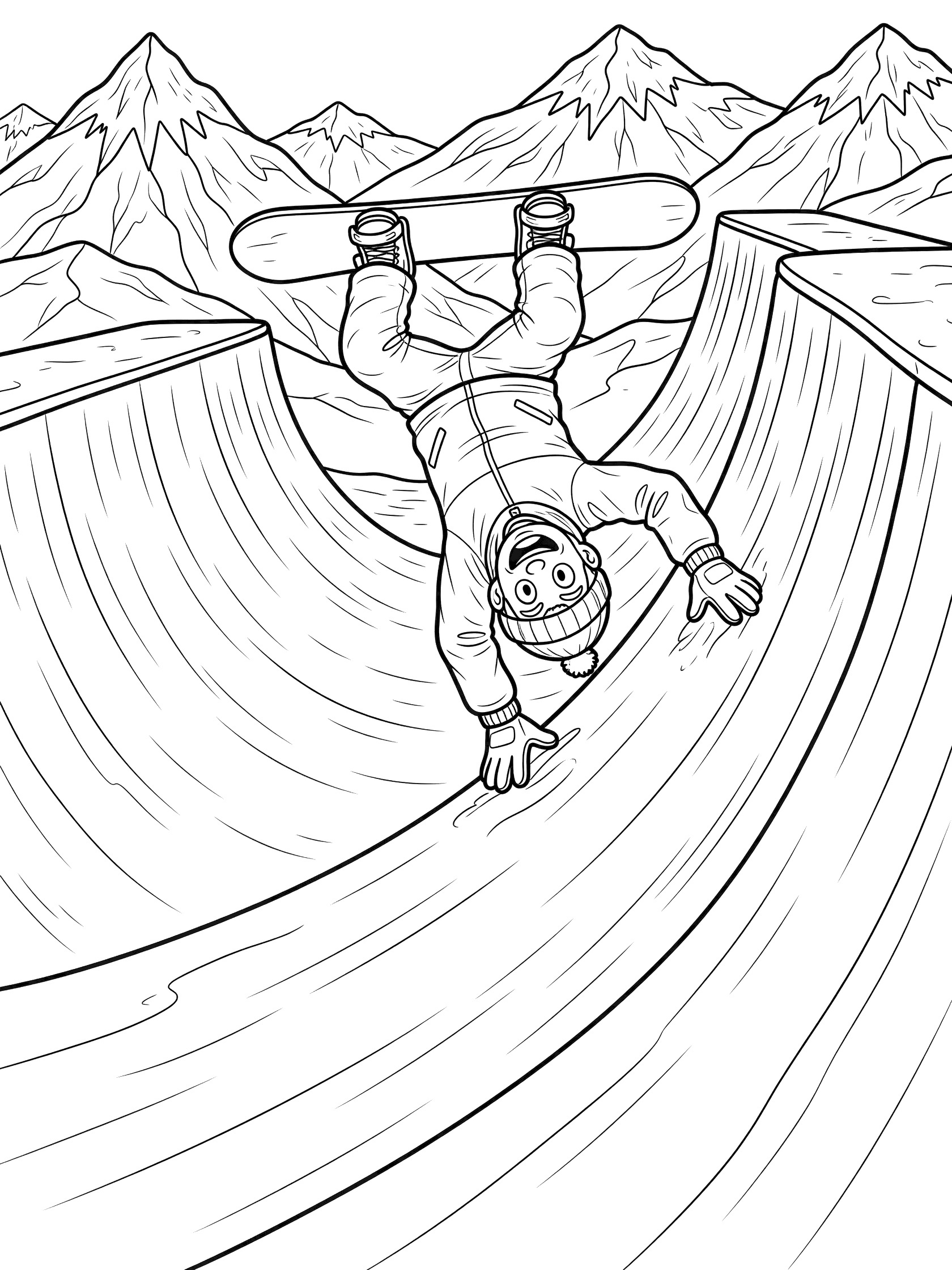 Cartoon snowboarder in halfpipe doing upside down invert flip with hands pressing snow and snowboard over head coloring page