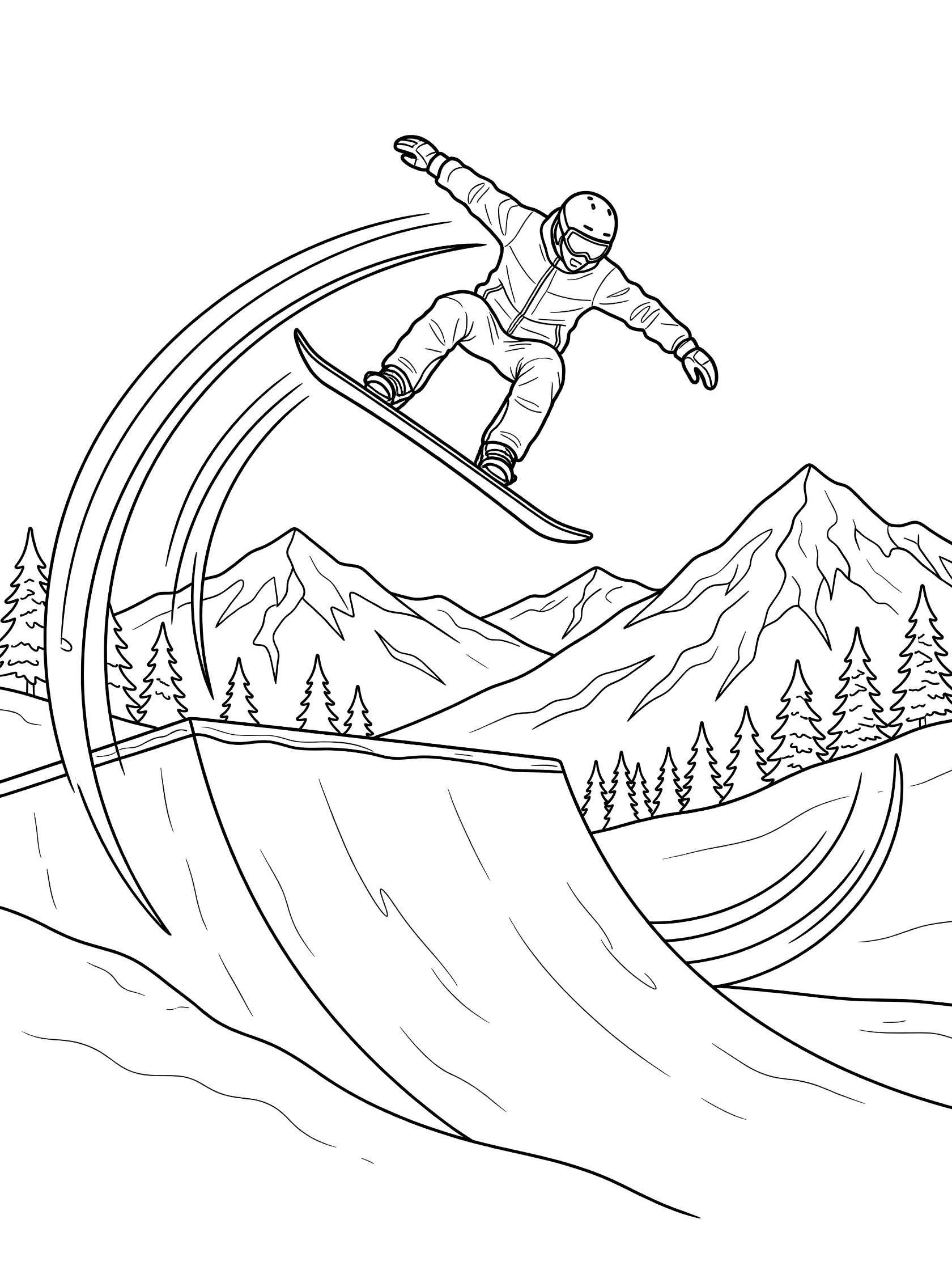 Black and white coloring page showing a snowboarder midway through a backflip in big air jump over a kicker with motion lines, mountains, and trees.