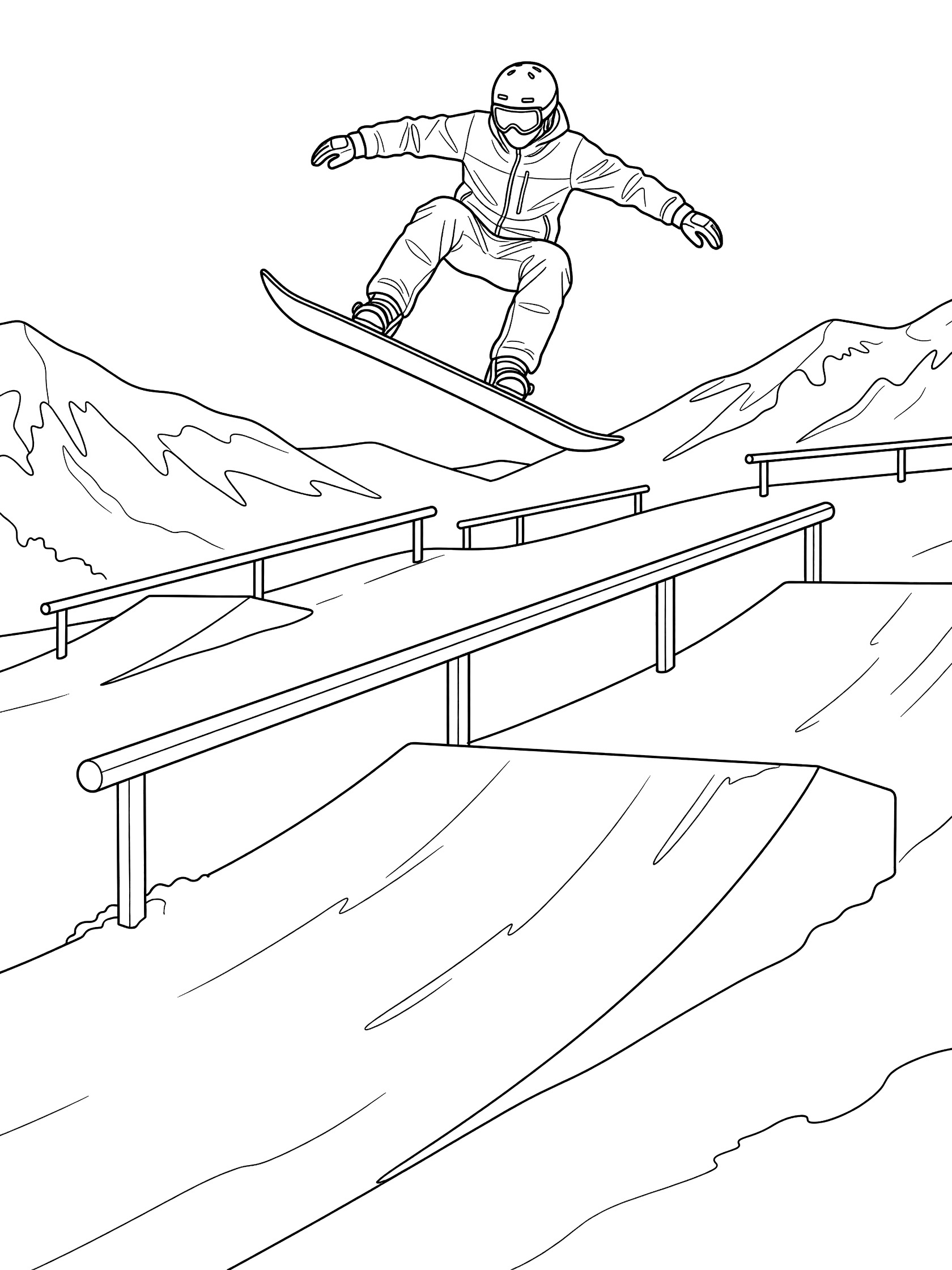 Black and white coloring page showing a snowboarder in helmet and gear performing a nollie heelflip trick in slopestyle, jumping over rails with snowy mountains and kickers.