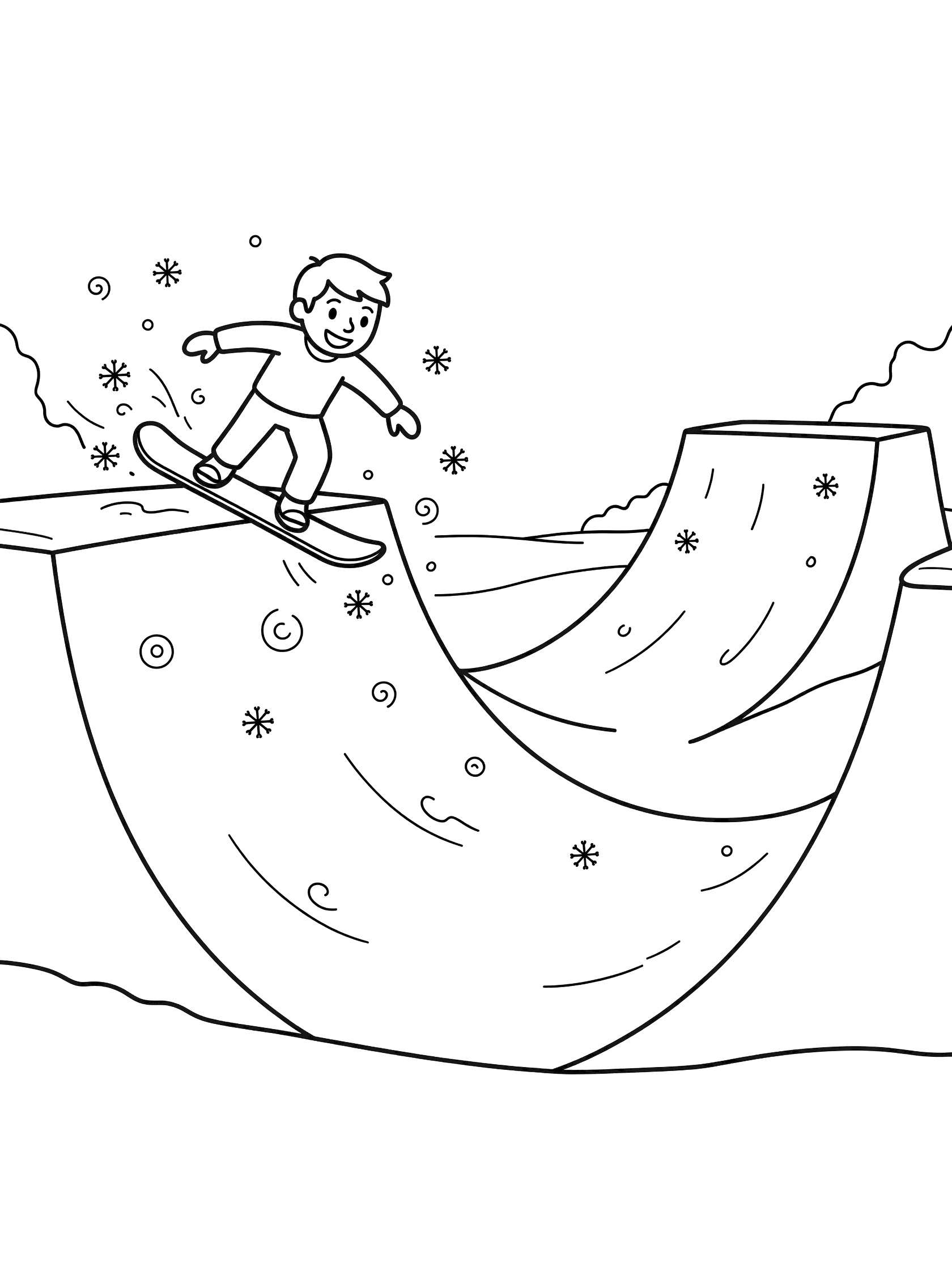 Black and white line art of a cartoon snowboarder at the top of a halfpipe, leaning to drop down the curved snowy wall with snowflakes around.