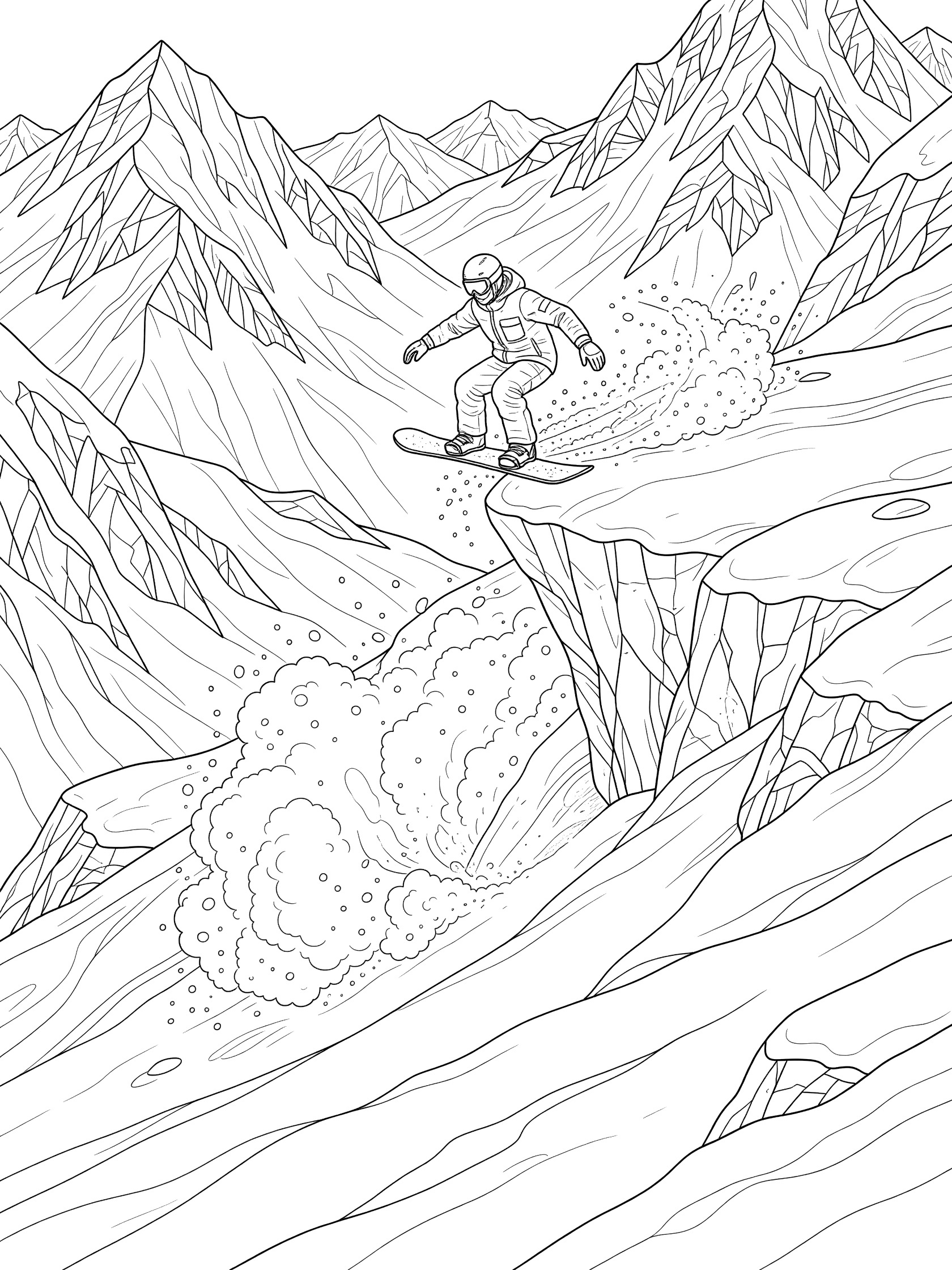 Black and white coloring page of a snowboarder in helmet dropping off a cliff on a snowboard into powder snow surrounded by mountains