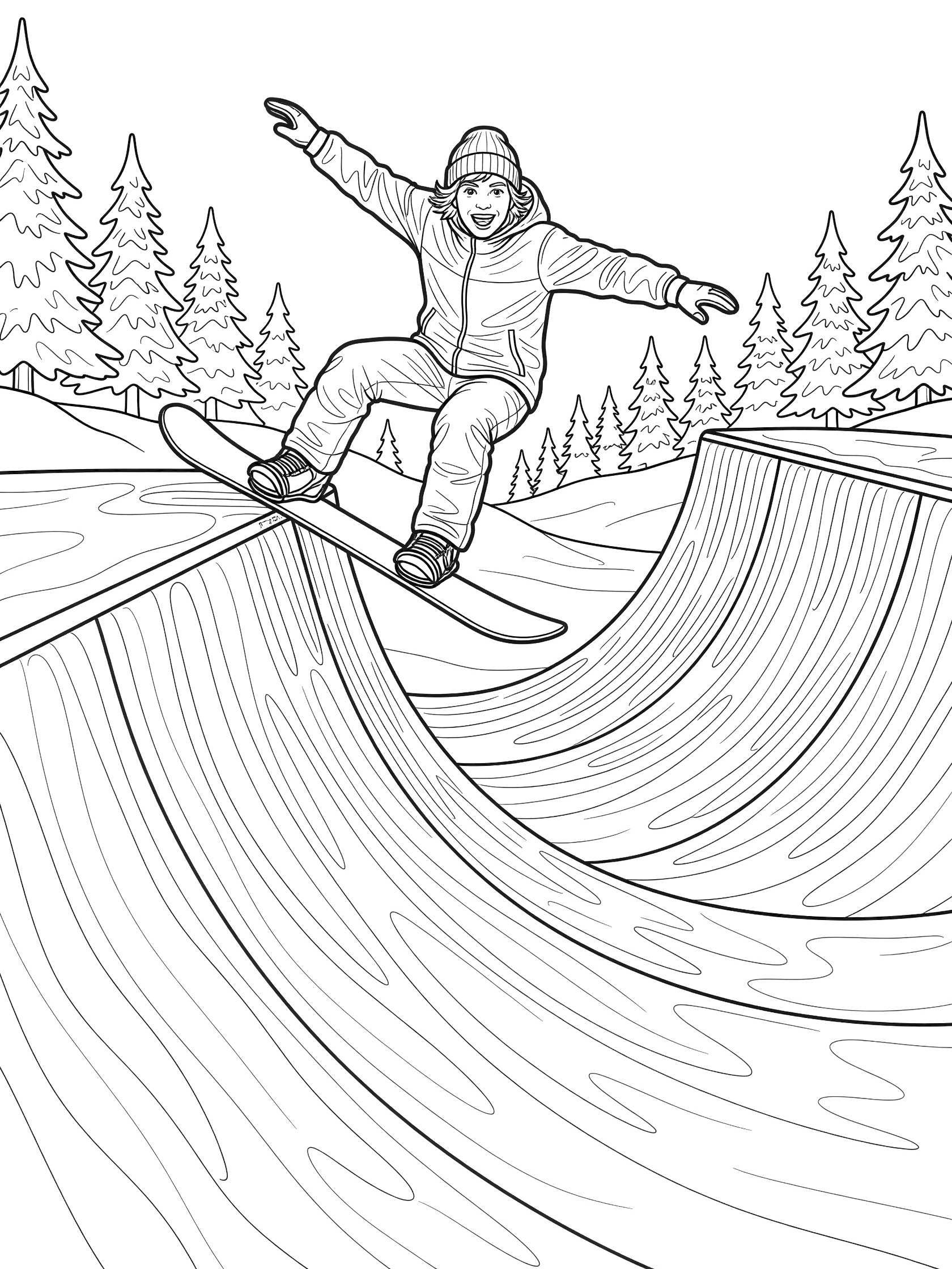 Line art coloring page showing a playful snowboarder balanced on snowboard grinding the top edge of a U-shaped halfpipe, with wavy snow patterns and distant pine trees.