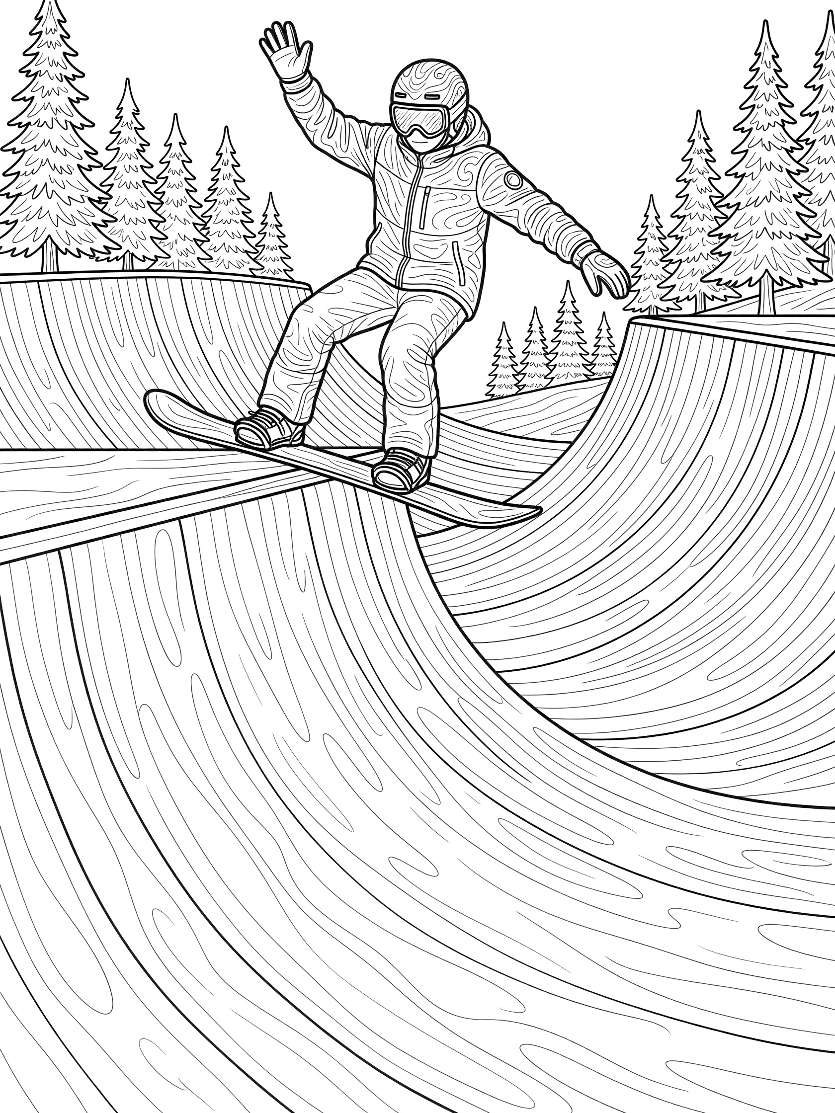 Line art coloring page showing snowboarder in helmet and jacket grinding along halfpipe top edge on snowboard, with wavy snow ramp and distant pine trees.