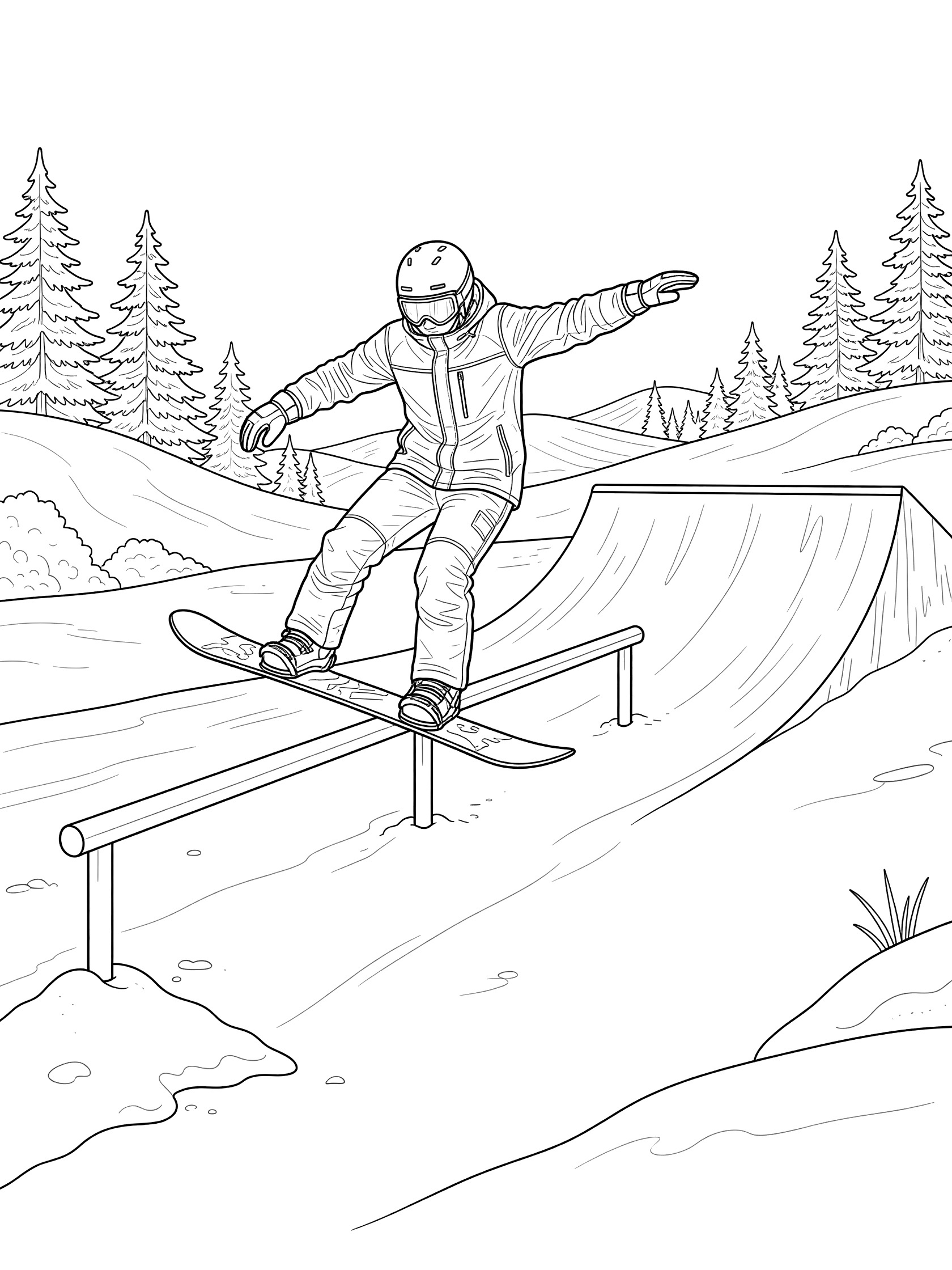 Line art coloring page showing a snowboarder in helmet and jacket grinding along a metal rail on a snowboard, with snowy hills, trees, and a banked ramp nearby