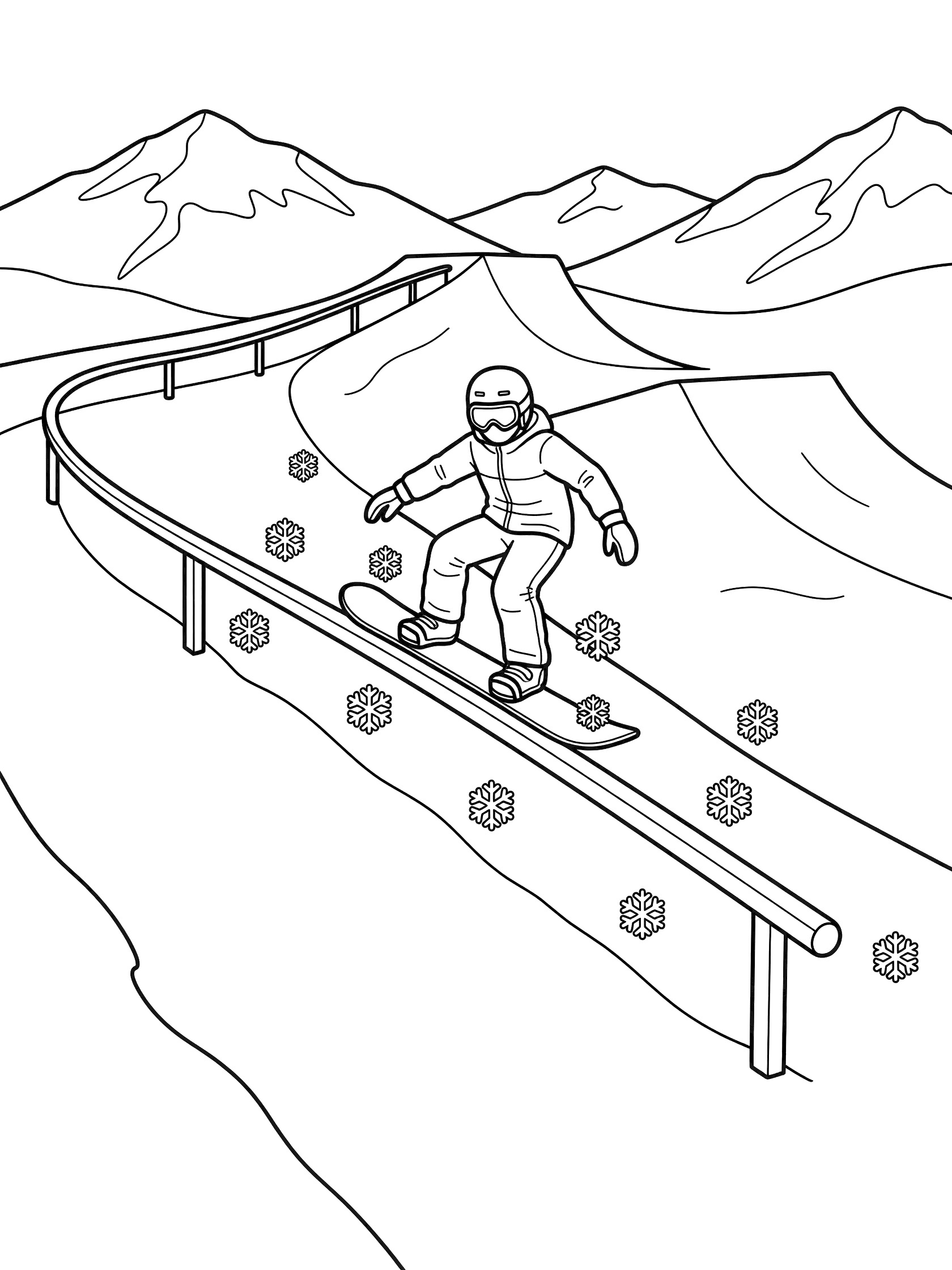 Black and white coloring page showing a snowboarder in helmet and goggles grinding down a curved metal rail with snow blocks in a slopestyle snowboarding course on a mountain slope.