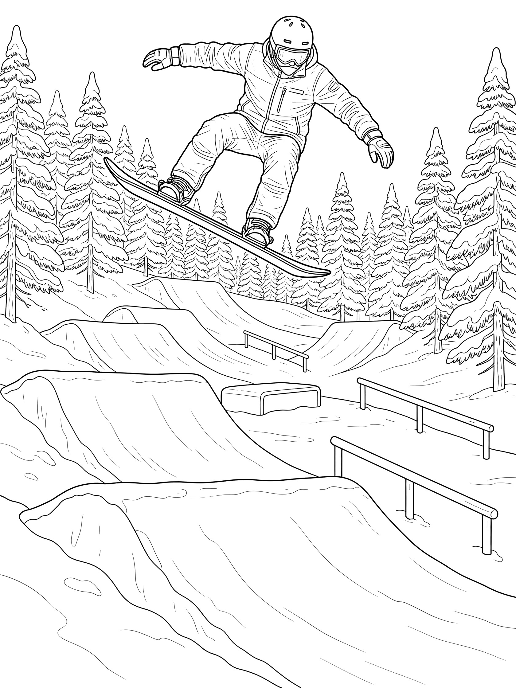 Black-and-white coloring page of a snowboarder in slopestyle popping off a roller bump surrounded by snowy terrain, trees, jumps, and rails.