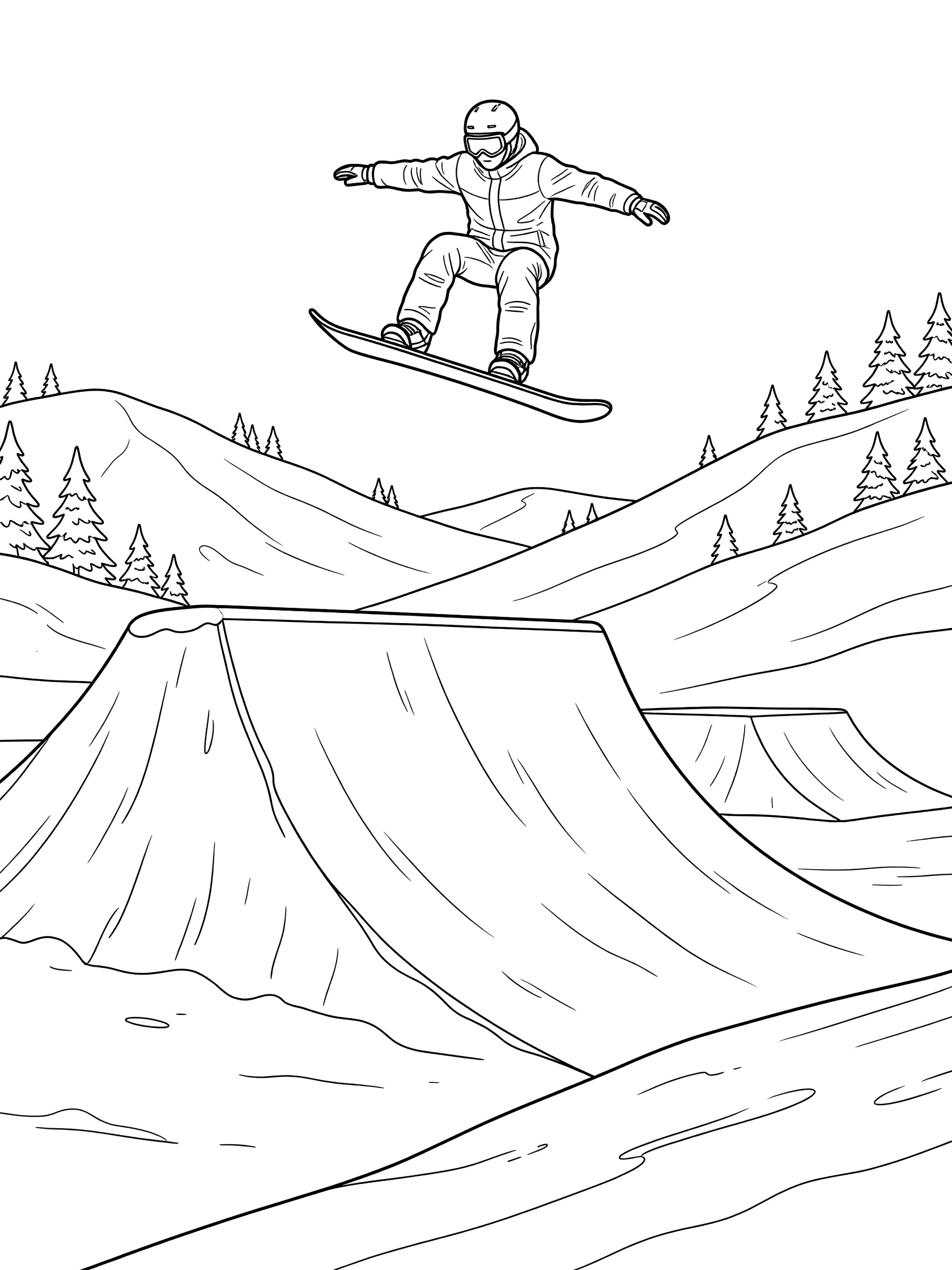 Black and white line art of a snowboarder in mid-air jump over a slopestyle kicker with snowy mountains and pine trees