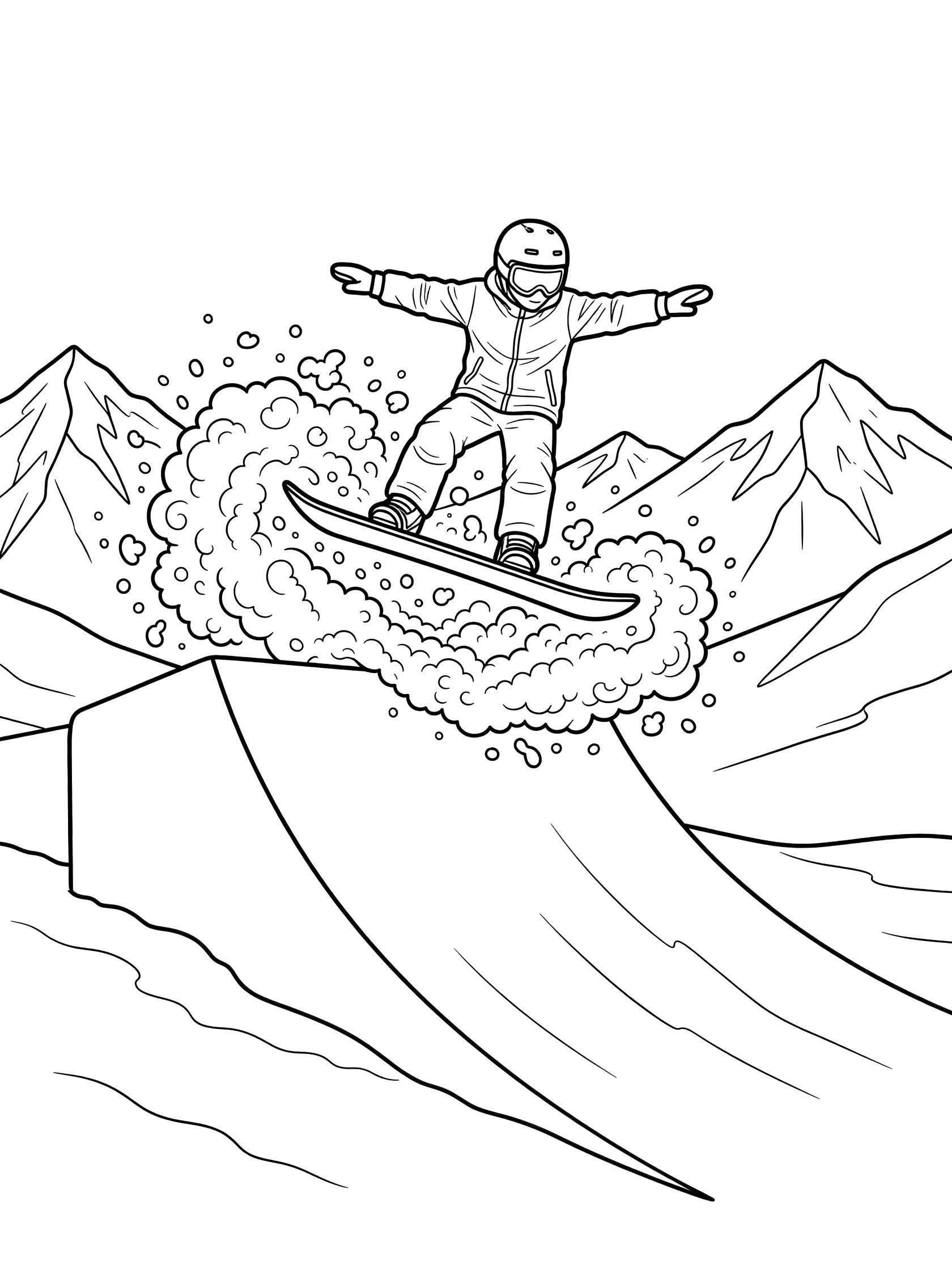 Black and white coloring page of snowboarder in mid-air jump off kicker ramp, arms outstretched, snow flying, mountains in background