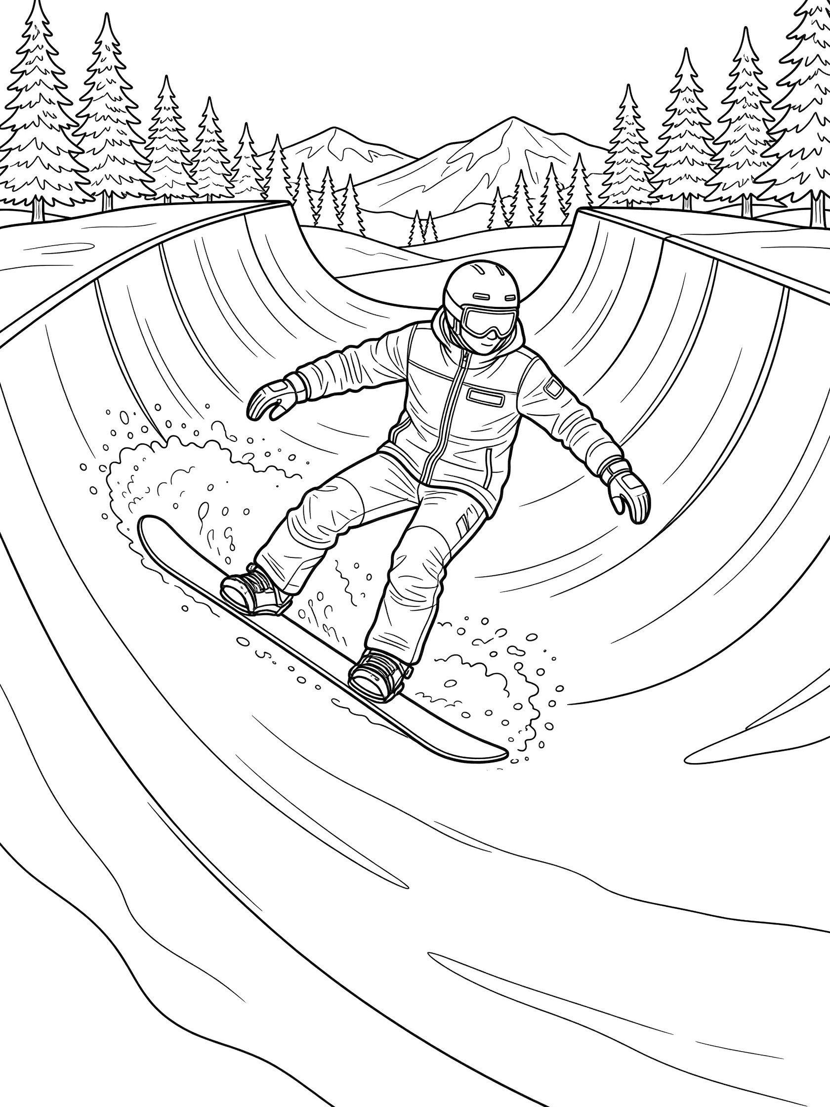 Line art coloring page showing snowboarder in helmet and gear touching down switch stance in snowy halfpipe, snow spray flying, trees and mountains around curved ramp walls.