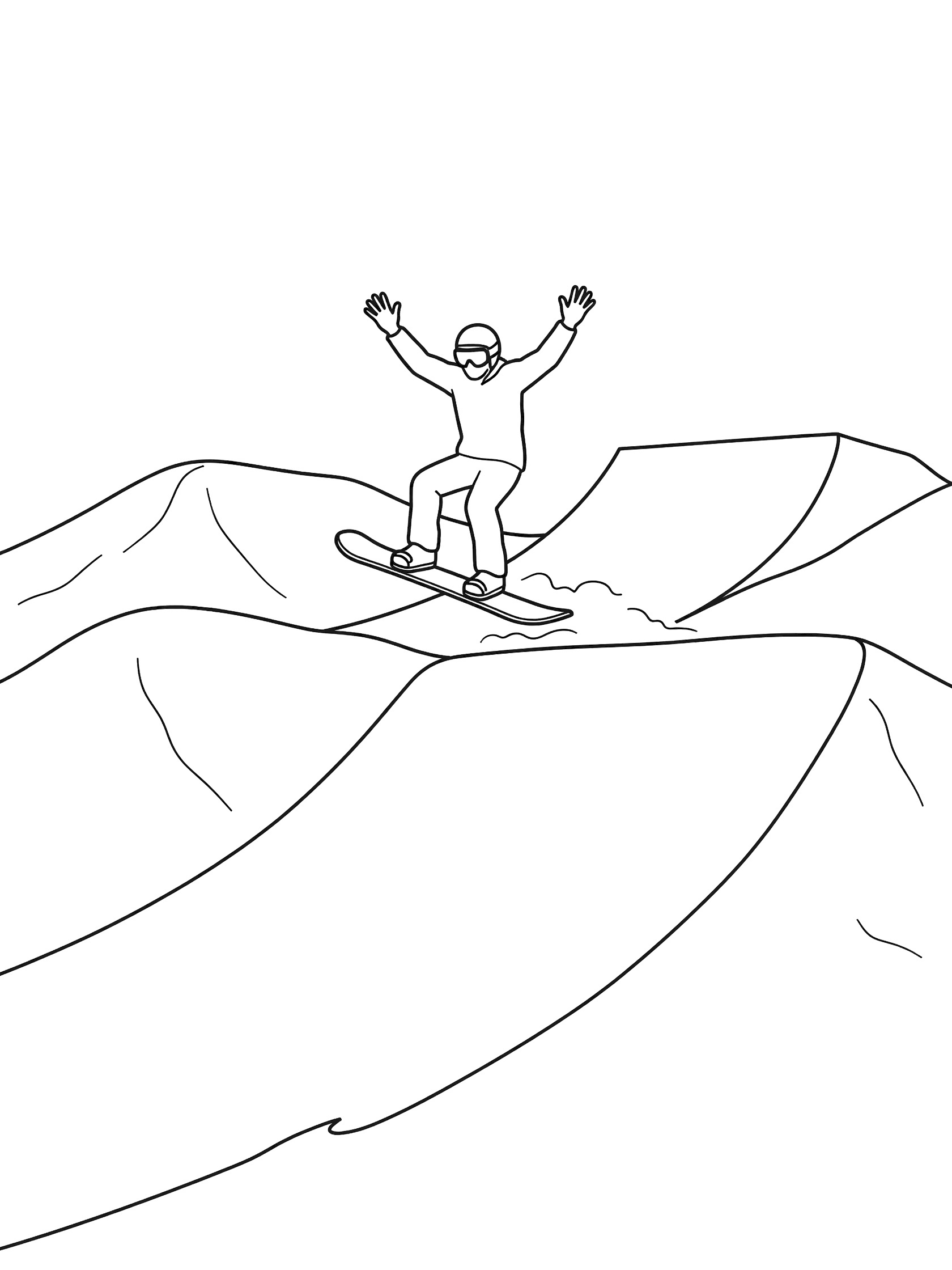 Black and white coloring page showing a stylish snowboarder landing a slopestyle jump with knees bent, arms raised in victory, on a snowboard between snowy banks.