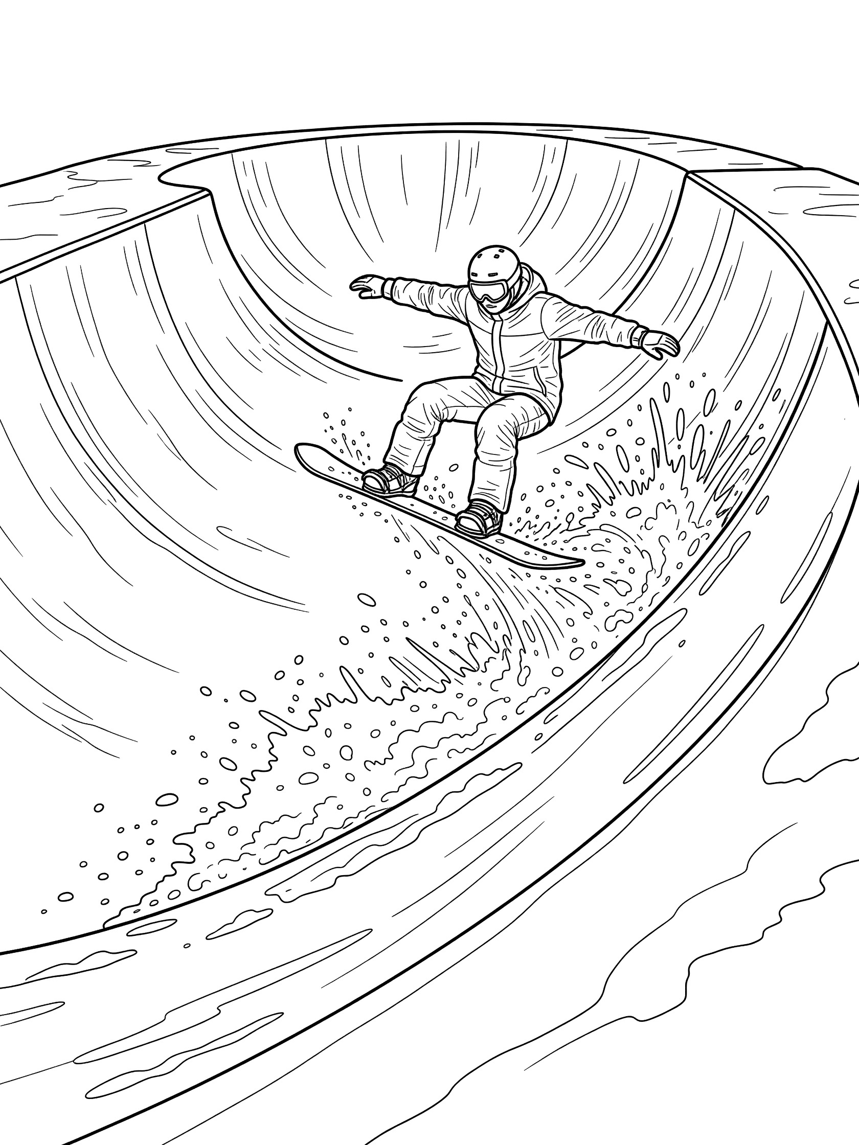 Line art coloring page showing a snowboarder in helmet and jacket soaring upward from the curving halfpipe ramp with board kicking up snow