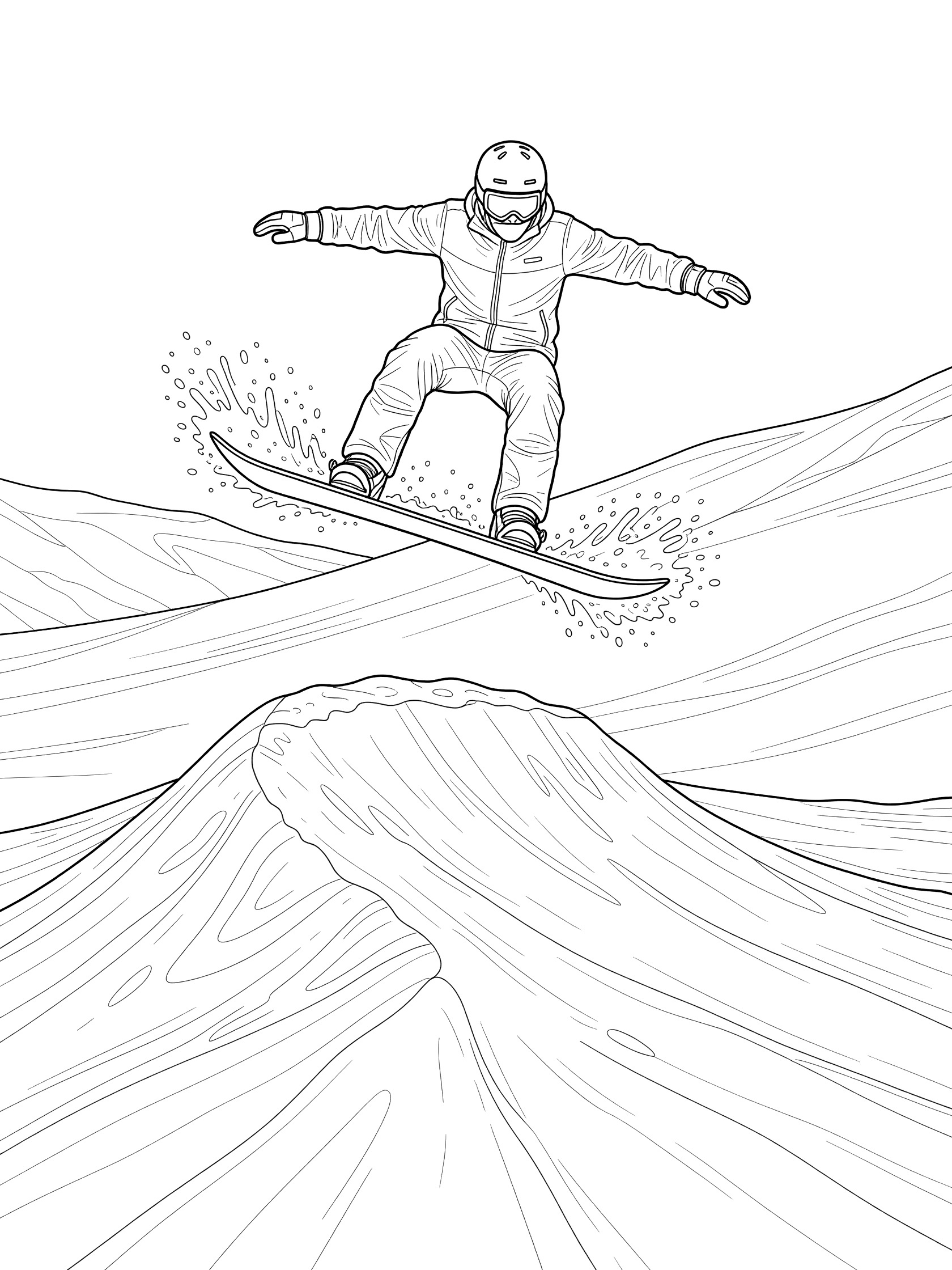 Black and white coloring page of a snowboarder jumping an ollie over a snowy bump with arms outstretched and snow spray