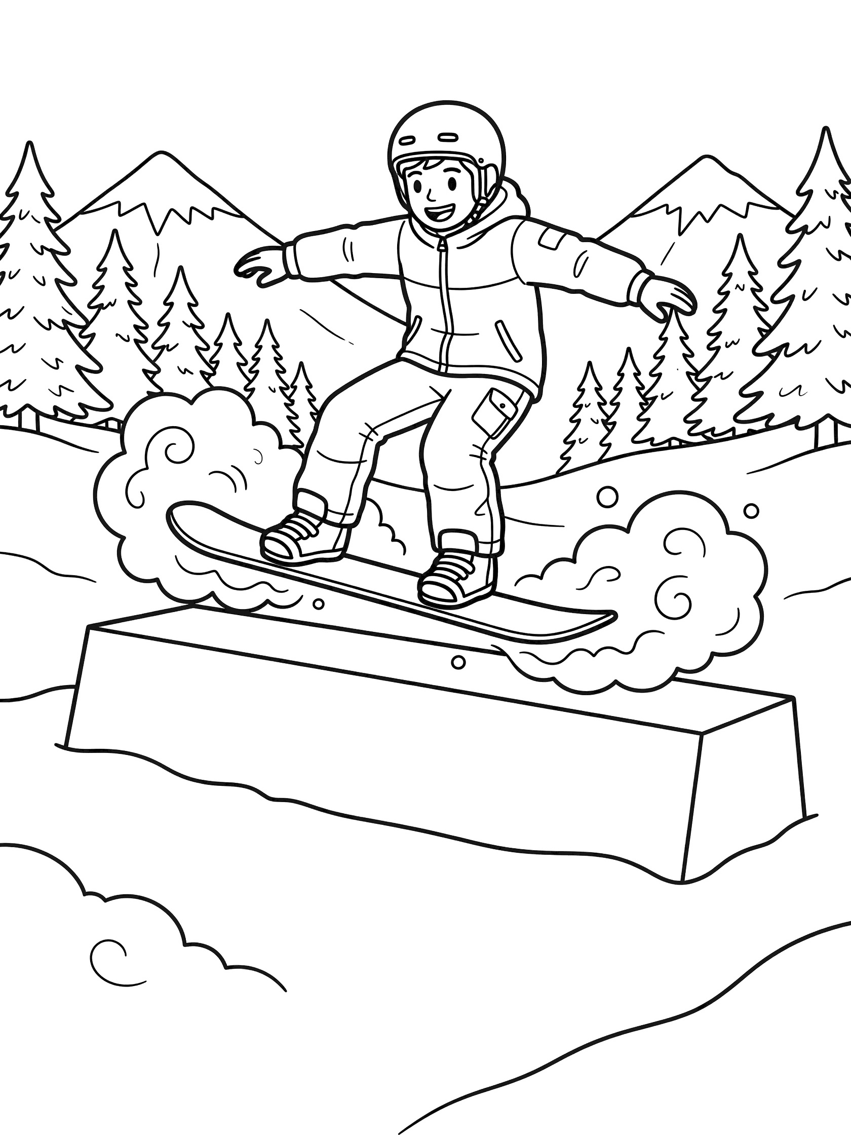 Line art coloring page showing a cheerful snowboarder in helmet and jacket boarding sideways on a flat box feature in a slopestyle snow arena with evergreen trees and mountain backdrop.