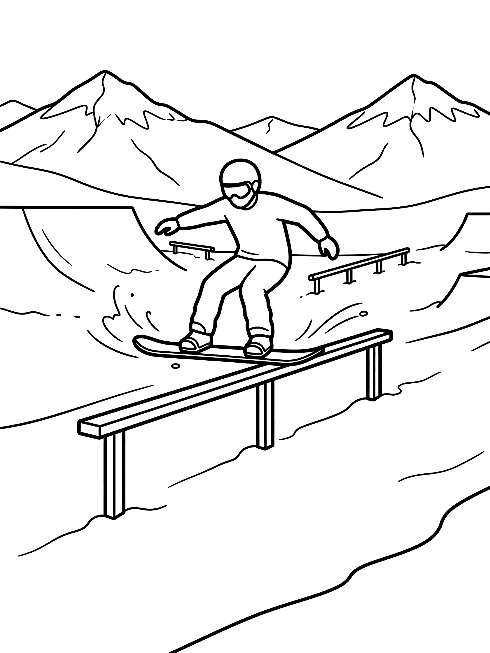 Black and white line art of snowboarder doing slopestyle trick on flat downrail with snow trails, distant peaks, and park ramps.