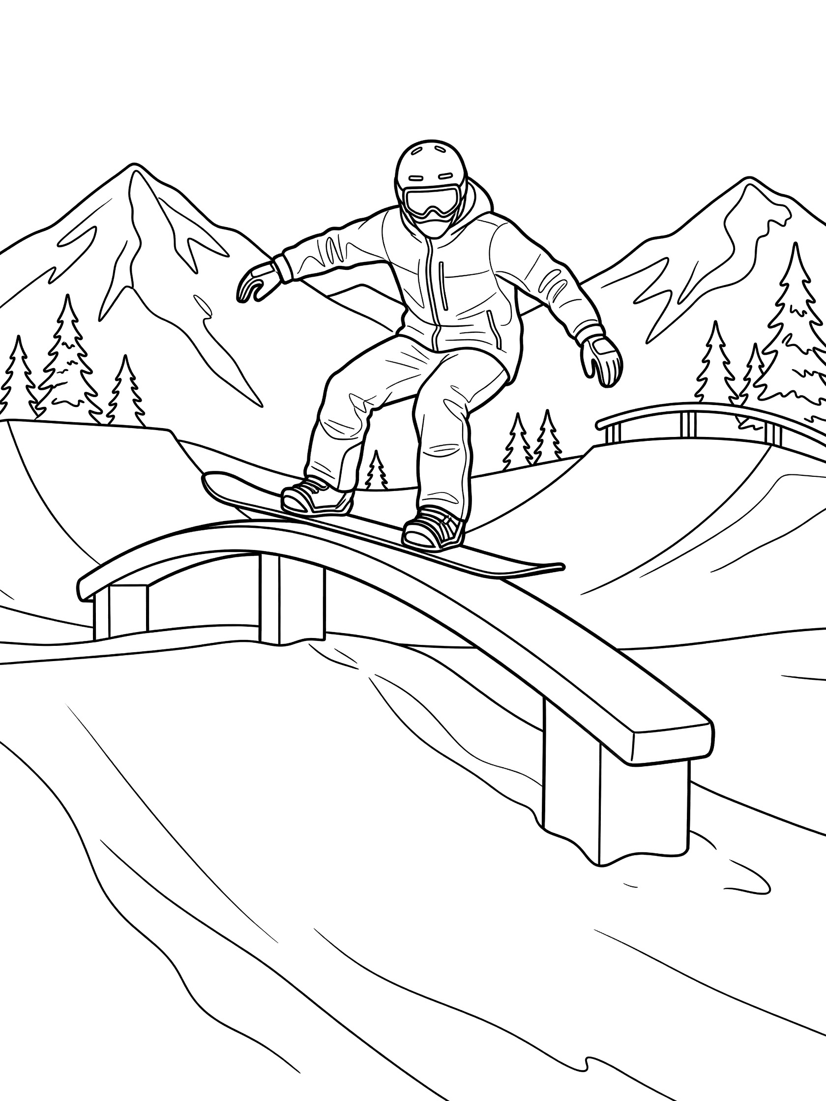 Black and white line art of snowboarder in goggles and jacket riding a rail in switch stance on a slopestyle snow course with mountains and trees.
