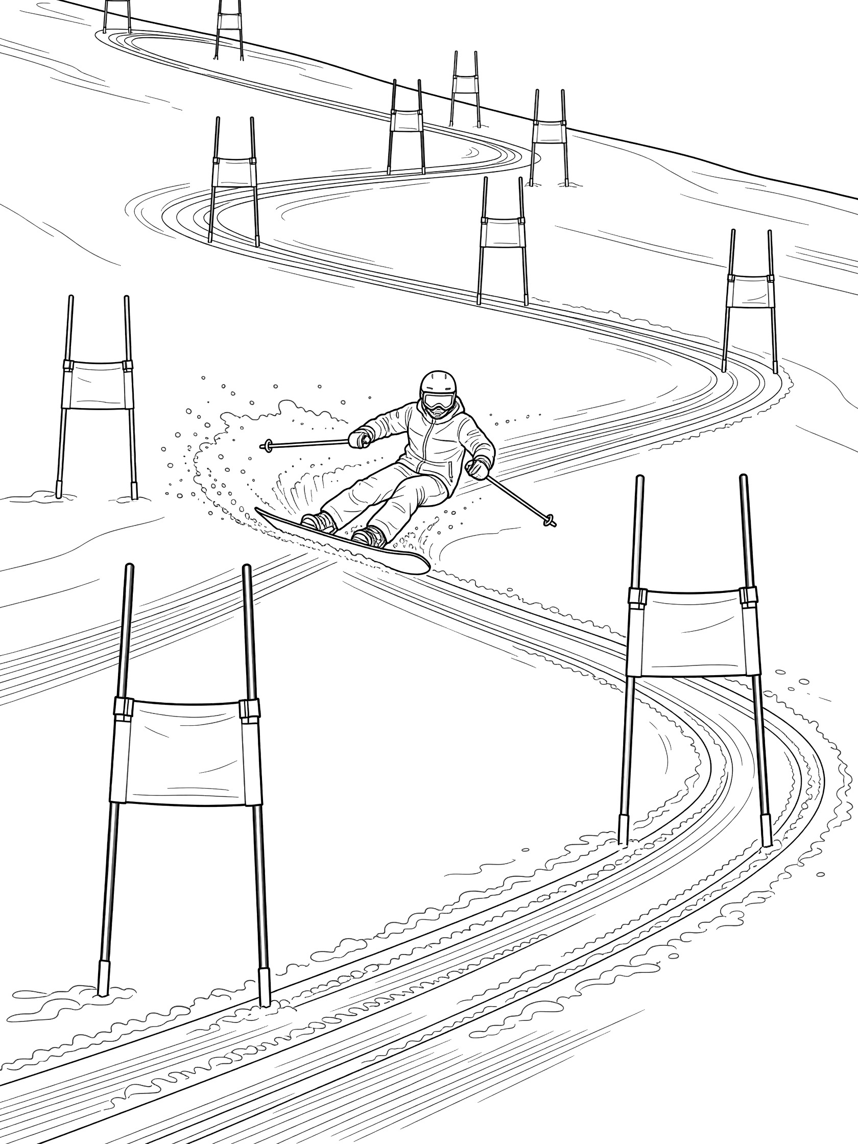 Black and white coloring page of a snowboarder leaning through slalom gates down a groomed snowy slope with snowy tracks behind