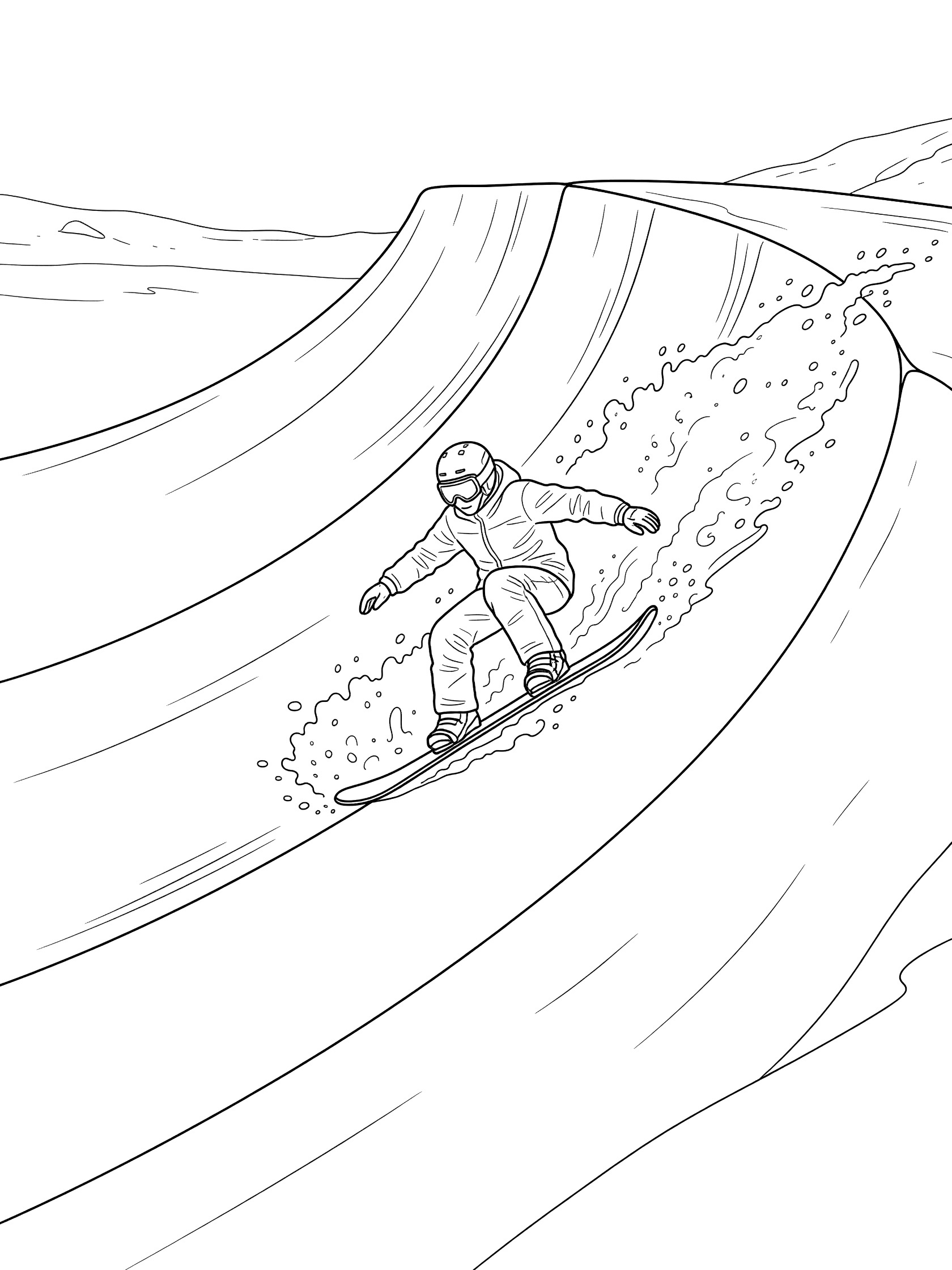 Black and white coloring page of a determined snowboarder in goggles and jacket speeding upward on a snowboard along the curving halfpipe wall, carving through snow.