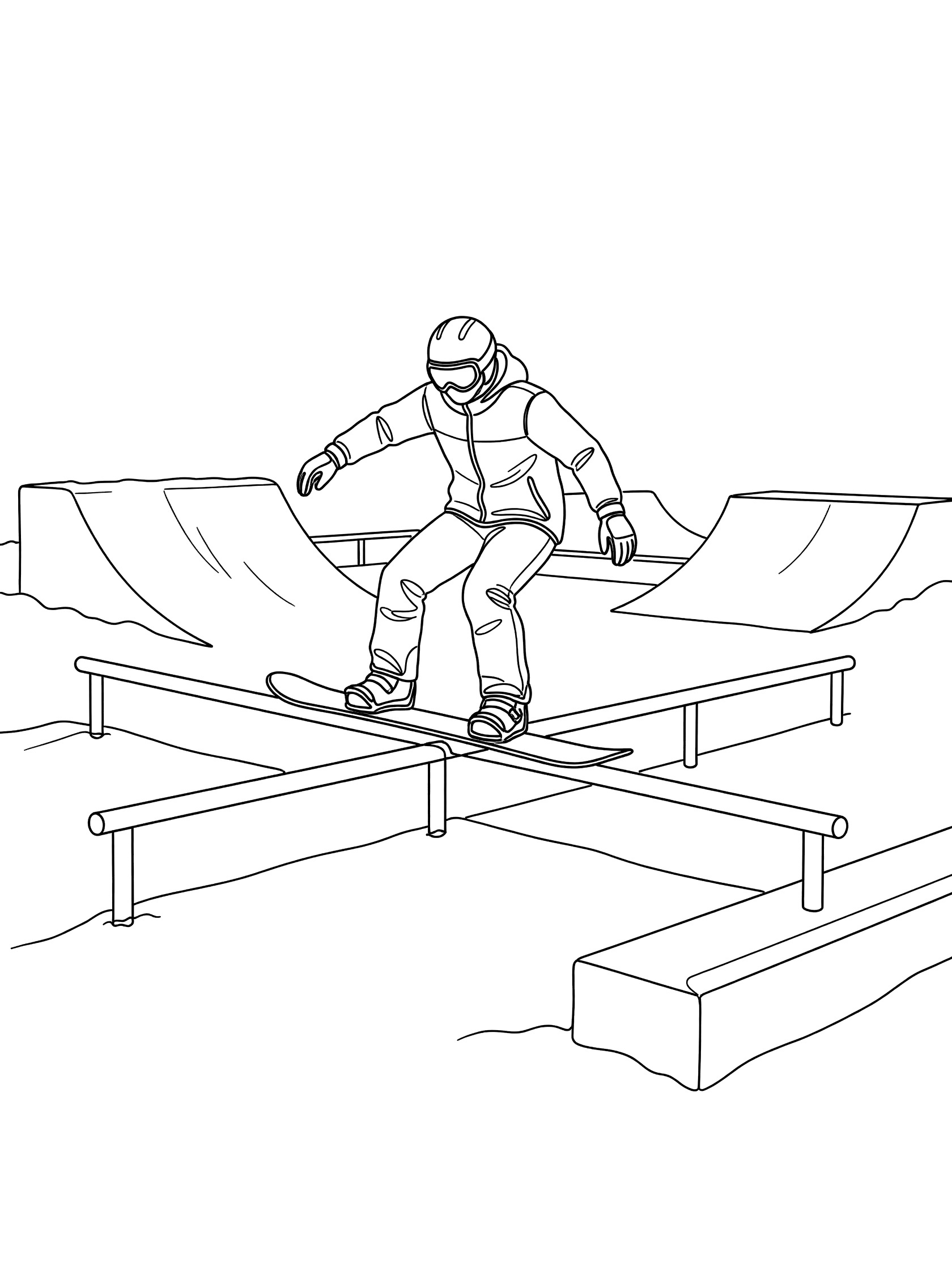 Black-and-white coloring page of a snowboarder in a helmet and jacket sliding on a snowboard along a straight metal rail with snow ramps nearby