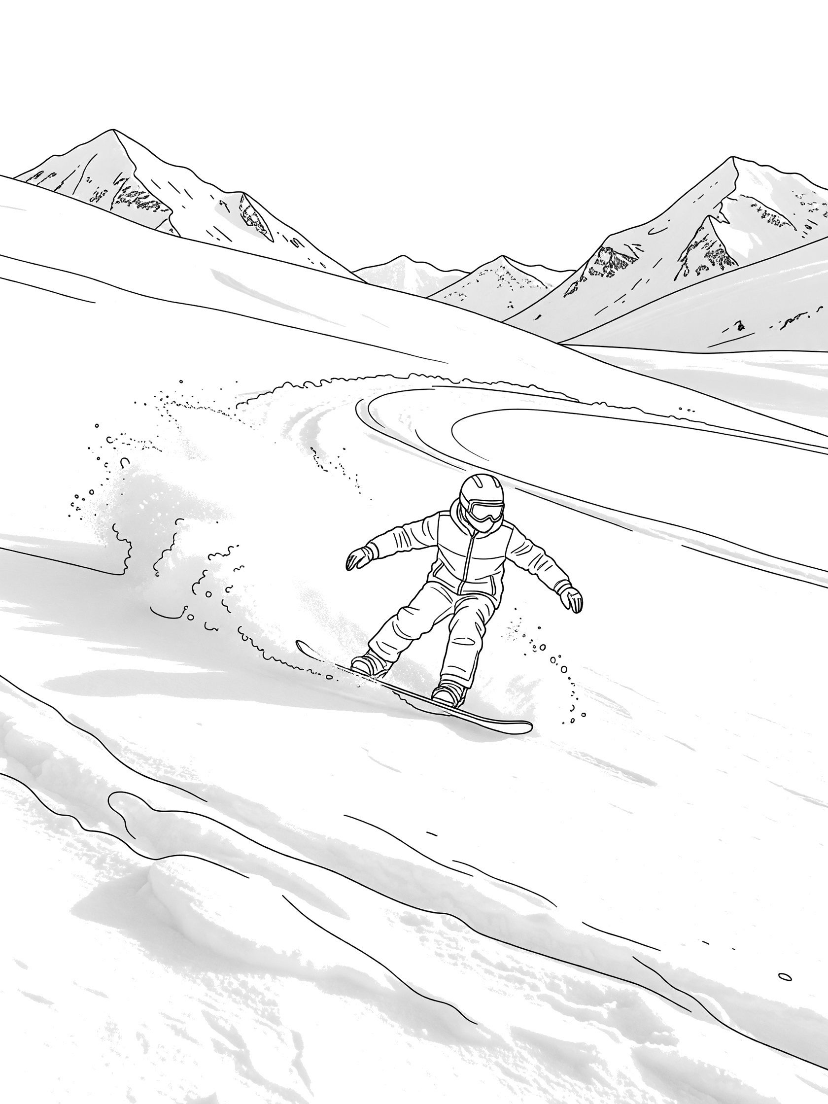 Black-and-white coloring page of a snowboarder descending a wide mountain face in deep powder snow, snowboard sinking in, powder spraying up, snowy peaks in background.