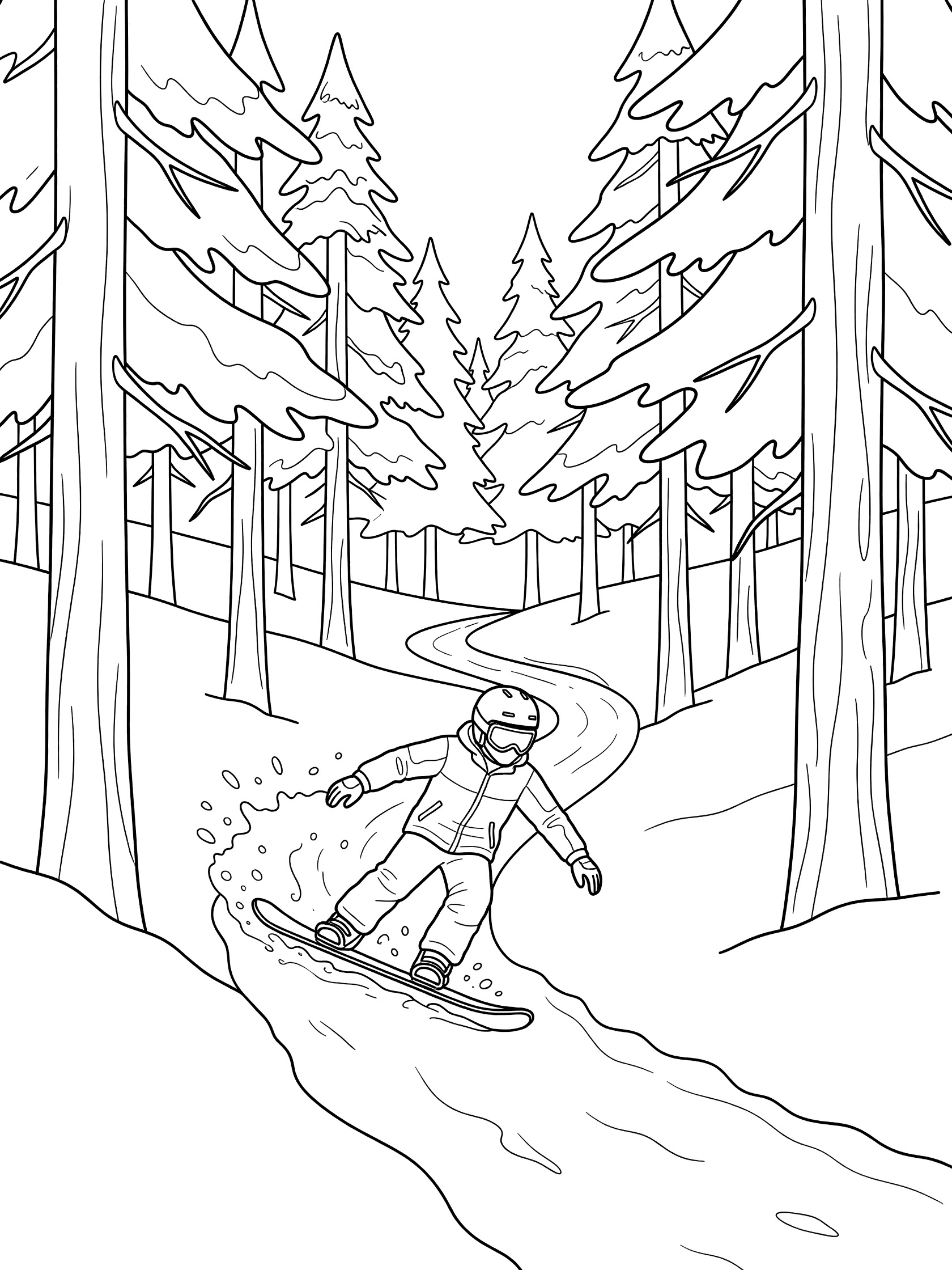 Line art coloring page showing a snowboarder on a snowboard navigating a snowy path in a pine tree forest glade, kicking up snow