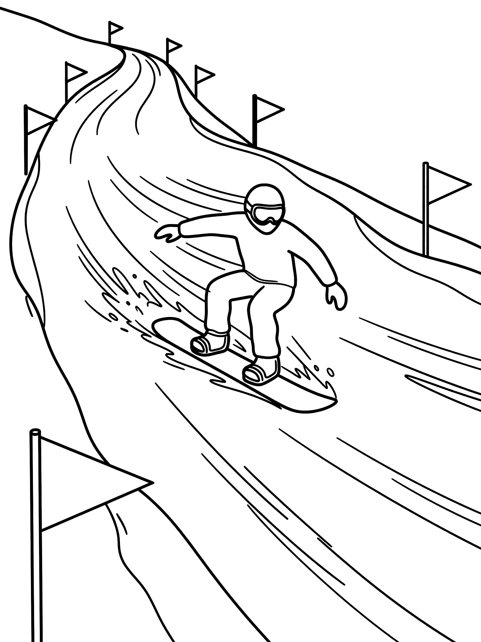 Black and white coloring page showing a snowboarder in goggles and jacket speeding down a steep curvy run with flags on the edges and wind lines for fast motion.